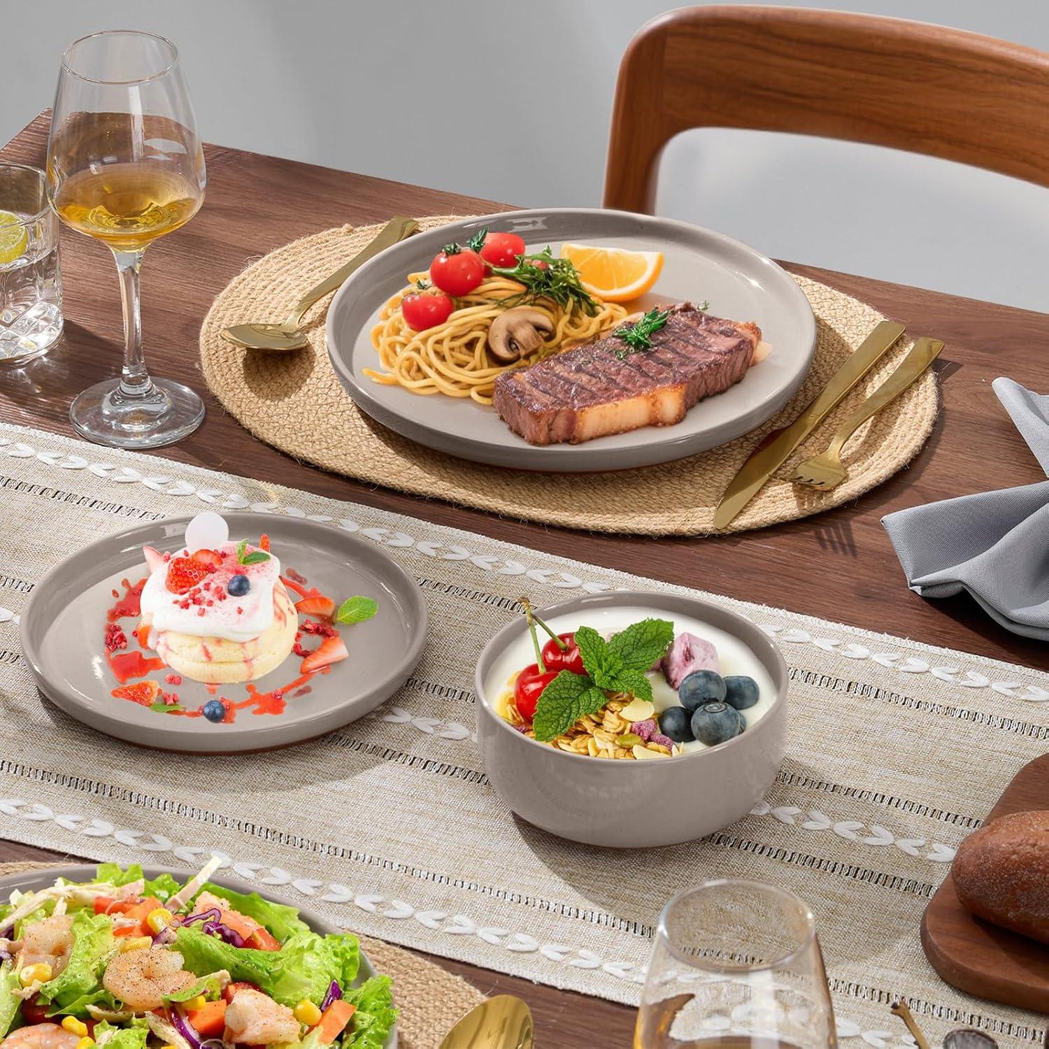 imageEfar 12Piece Stoneware Dinnerware Sets Plates and Bowls Sets for 4 Ceramic Dishware Dishes Set with Terracotta Base Chip amp Scratch Resistant Microwave amp Dishwasher Safe Speckled WhiteWarm Taupe