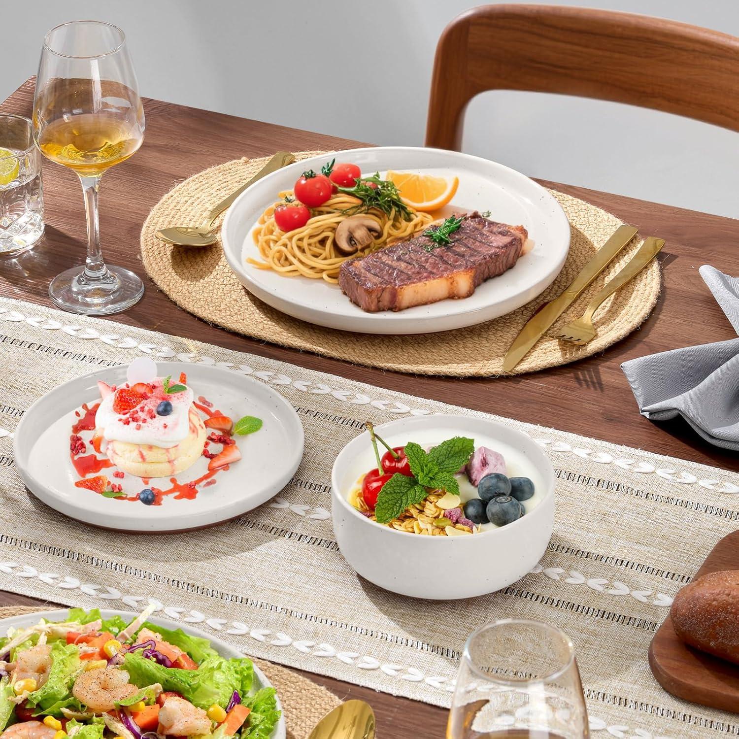 imageEfar 12Piece Stoneware Dinnerware Sets Plates and Bowls Sets for 4 Ceramic Dishware Dishes Set with Terracotta Base Chip amp Scratch Resistant Microwave amp Dishwasher Safe Speckled WhiteWhisper White
