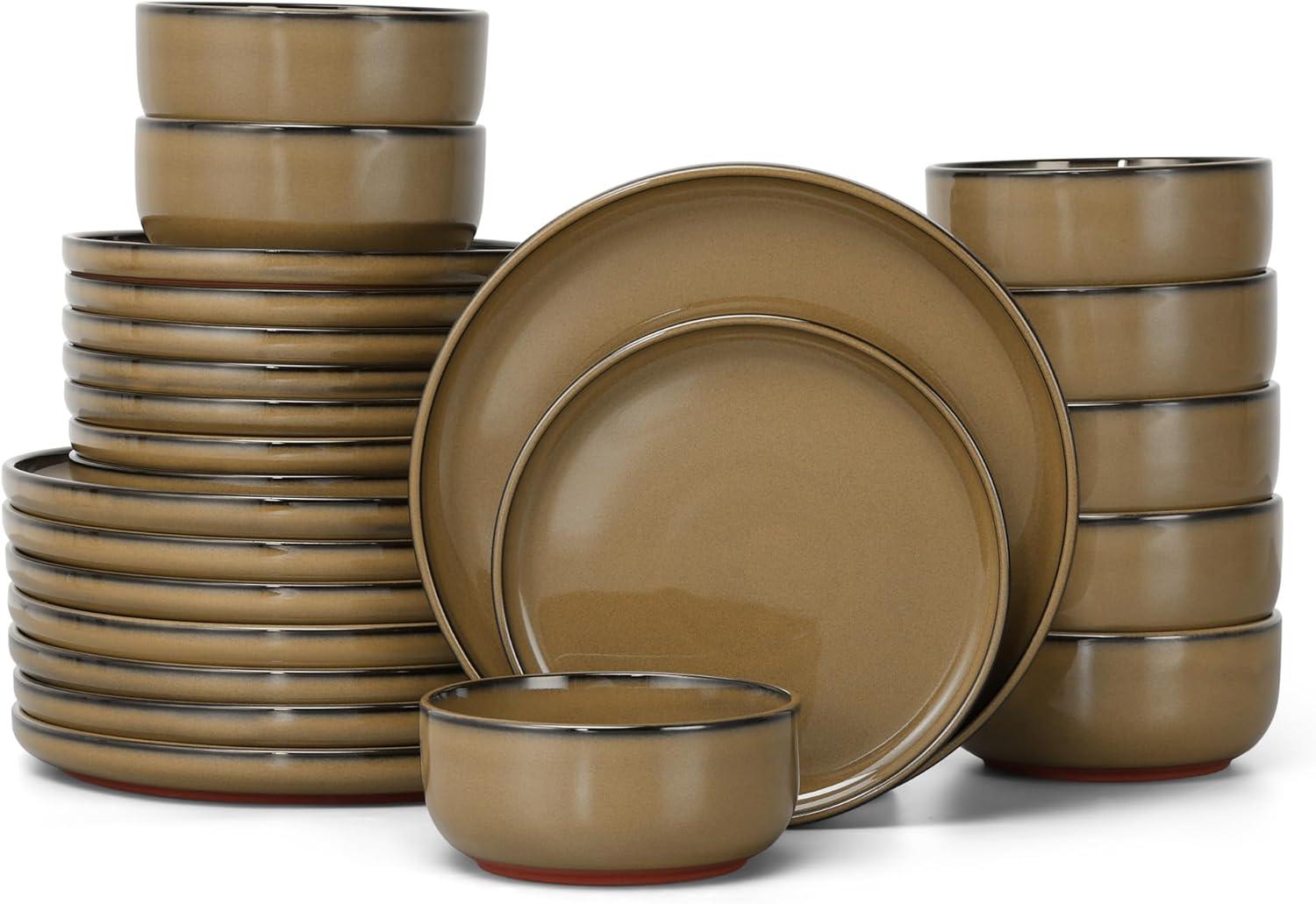 imageEfar 12Piece Stoneware Dinnerware Sets Plates and Bowls Sets for 4 Ceramic Dishware Dishes Set with Terracotta Base Chip amp Scratch Resistant Microwave amp Dishwasher Safe Speckled WhiteDesert Camel