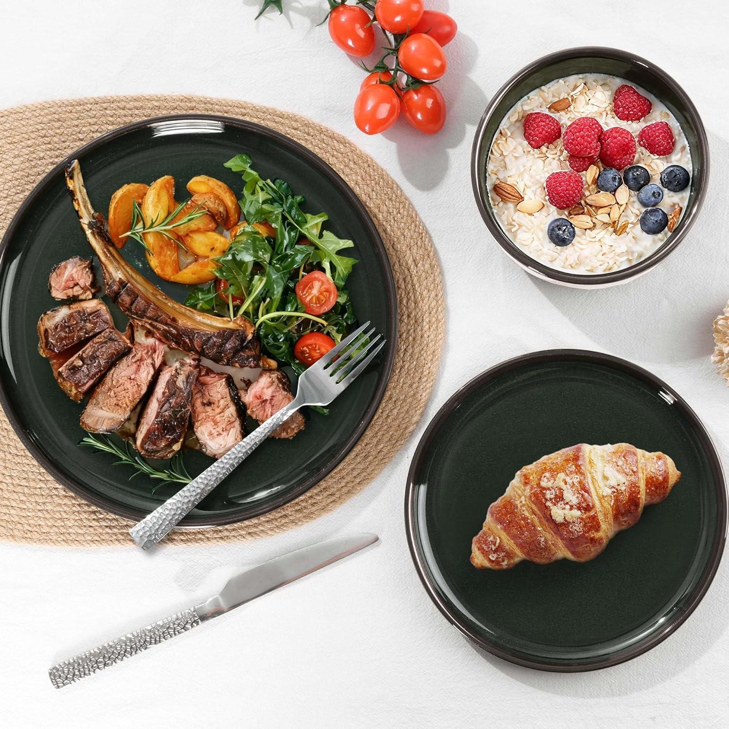 imageEfar 12Piece Stoneware Dinnerware Sets Plates and Bowls Sets for 4 Ceramic Dishware Dishes Set with Terracotta Base Chip amp Scratch Resistant Microwave amp Dishwasher Safe Speckled WhiteBlackish Green