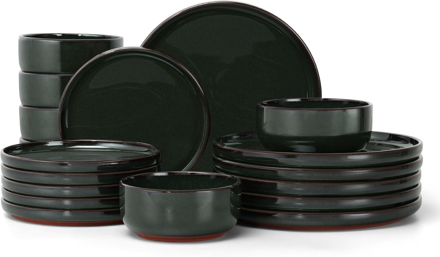 imageEfar 12Piece Stoneware Dinnerware Sets Plates and Bowls Sets for 4 Ceramic Dishware Dishes Set with Terracotta Base Chip amp Scratch Resistant Microwave amp Dishwasher Safe Speckled WhiteBlackish Green