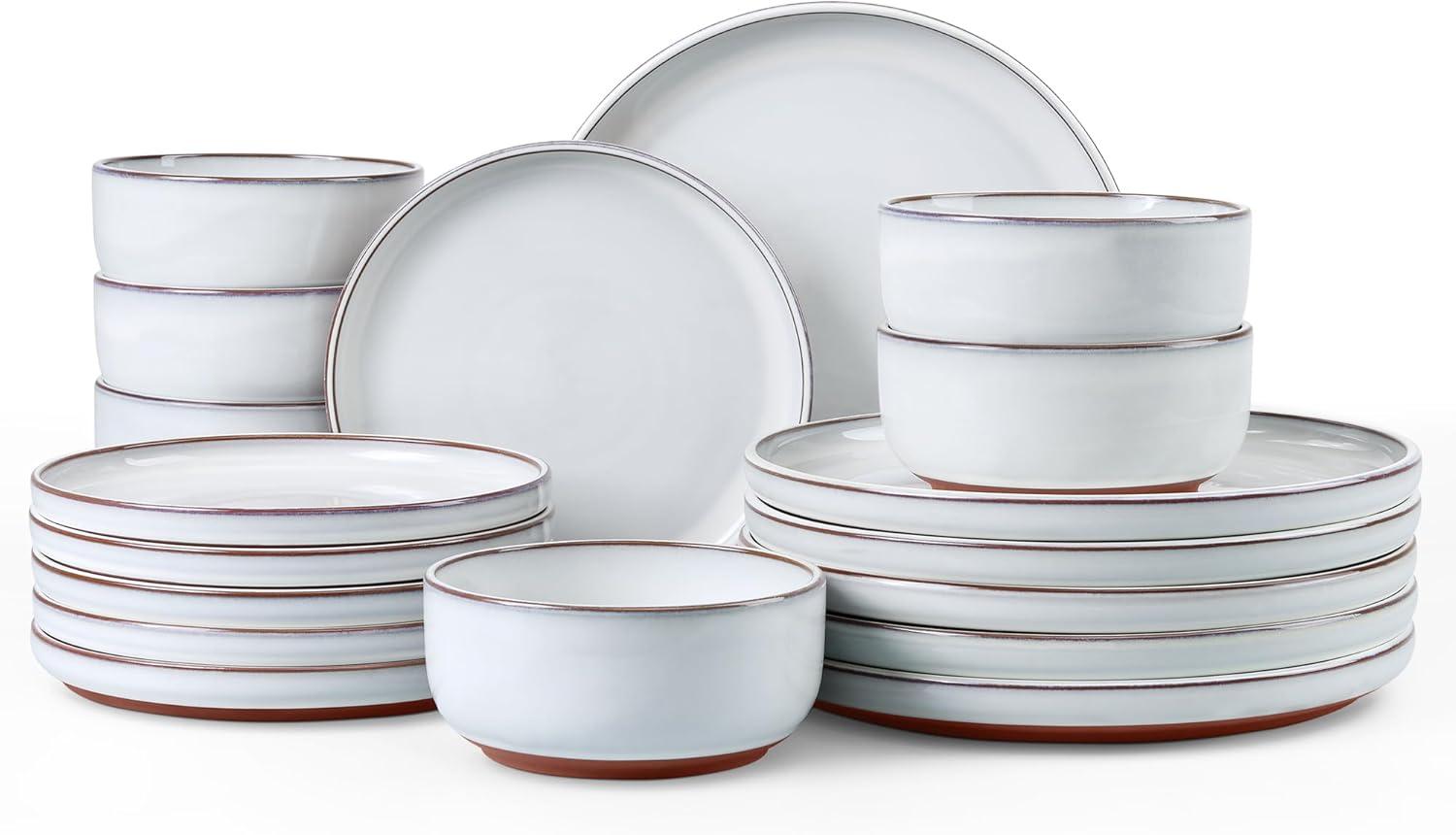 imageEfar 12Piece Stoneware Dinnerware Sets Plates and Bowls Sets for 4 Ceramic Dishware Dishes Set with Terracotta Base Chip amp Scratch Resistant Microwave amp Dishwasher Safe Speckled WhiteGlacier White
