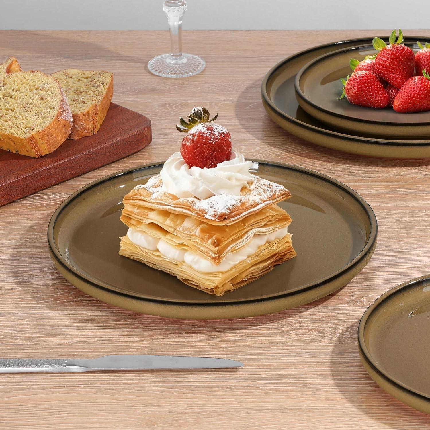 imageEfar 12Piece Stoneware Dinnerware Sets Plates and Bowls Sets for 4 Ceramic Dishware Dishes Set with Terracotta Base Chip amp Scratch Resistant Microwave amp Dishwasher Safe Speckled WhiteDesert Camel