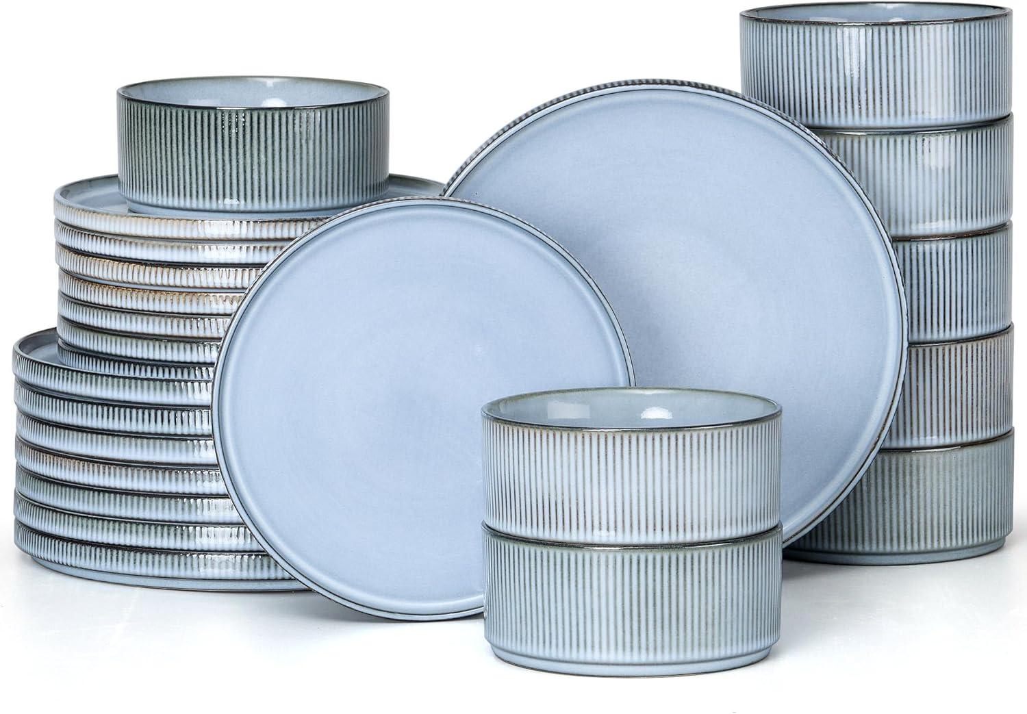 imageEfar 16 Piece Dinnerware Sets Plates and Bowls with Pasta Bowls Service for 4 Modern Stoneware Ribbed Dishes for Kitchen Dining Microwave amp Dishwasher Safe Speckled WhiteDusty Blue