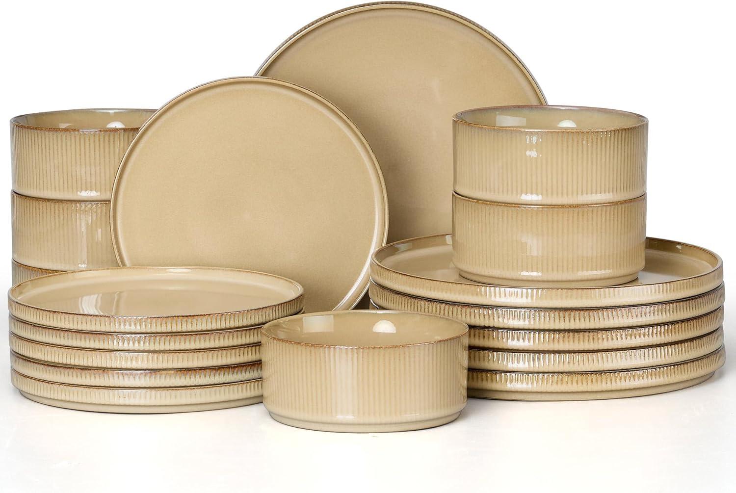 imageEfar 16 Piece Dinnerware Sets Plates and Bowls with Pasta Bowls Service for 4 Modern Stoneware Ribbed Dishes for Kitchen Dining Microwave amp Dishwasher Safe Speckled WhiteCaramel Khaki