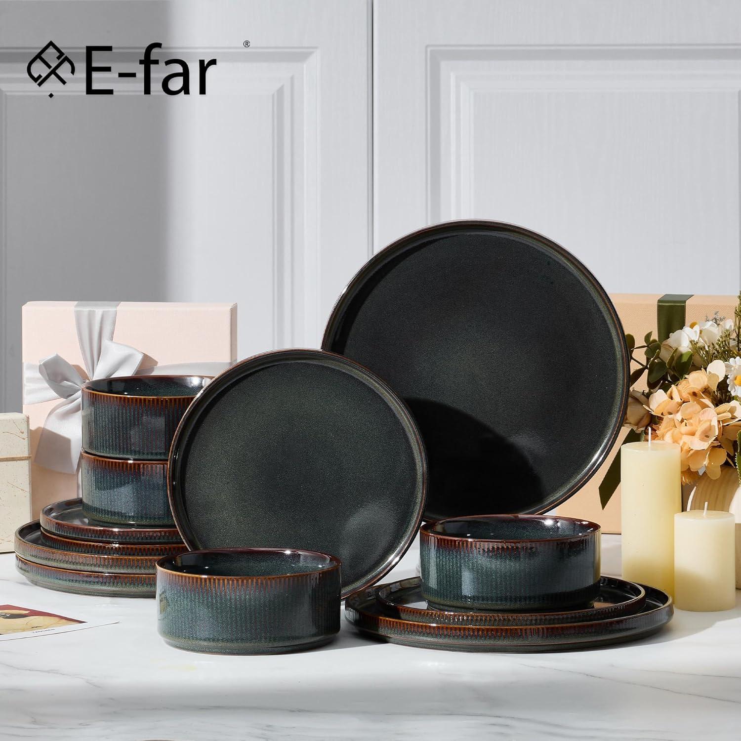 imageEfar 16 Piece Dinnerware Sets Plates and Bowls with Pasta Bowls Service for 4 Modern Stoneware Ribbed Dishes for Kitchen Dining Microwave amp Dishwasher Safe Speckled WhiteBlackish Green