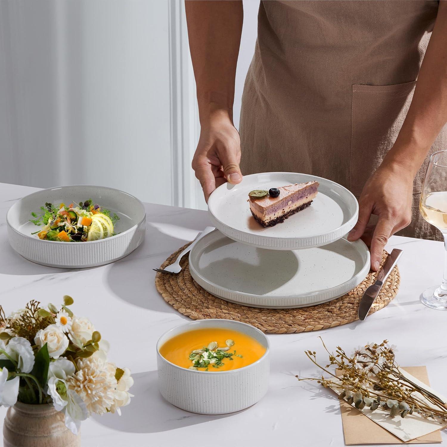 imageEfar 16 Piece Dinnerware Sets Plates and Bowls with Pasta Bowls Service for 4 Modern Stoneware Ribbed Dishes for Kitchen Dining Microwave amp Dishwasher Safe Speckled WhiteSpeckled White