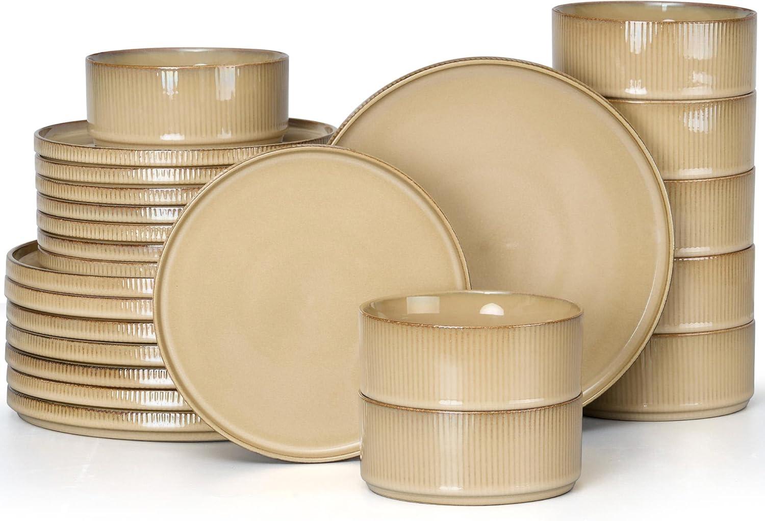 imageEfar 16 Piece Dinnerware Sets Plates and Bowls with Pasta Bowls Service for 4 Modern Stoneware Ribbed Dishes for Kitchen Dining Microwave amp Dishwasher Safe Speckled WhiteCaramel Khaki