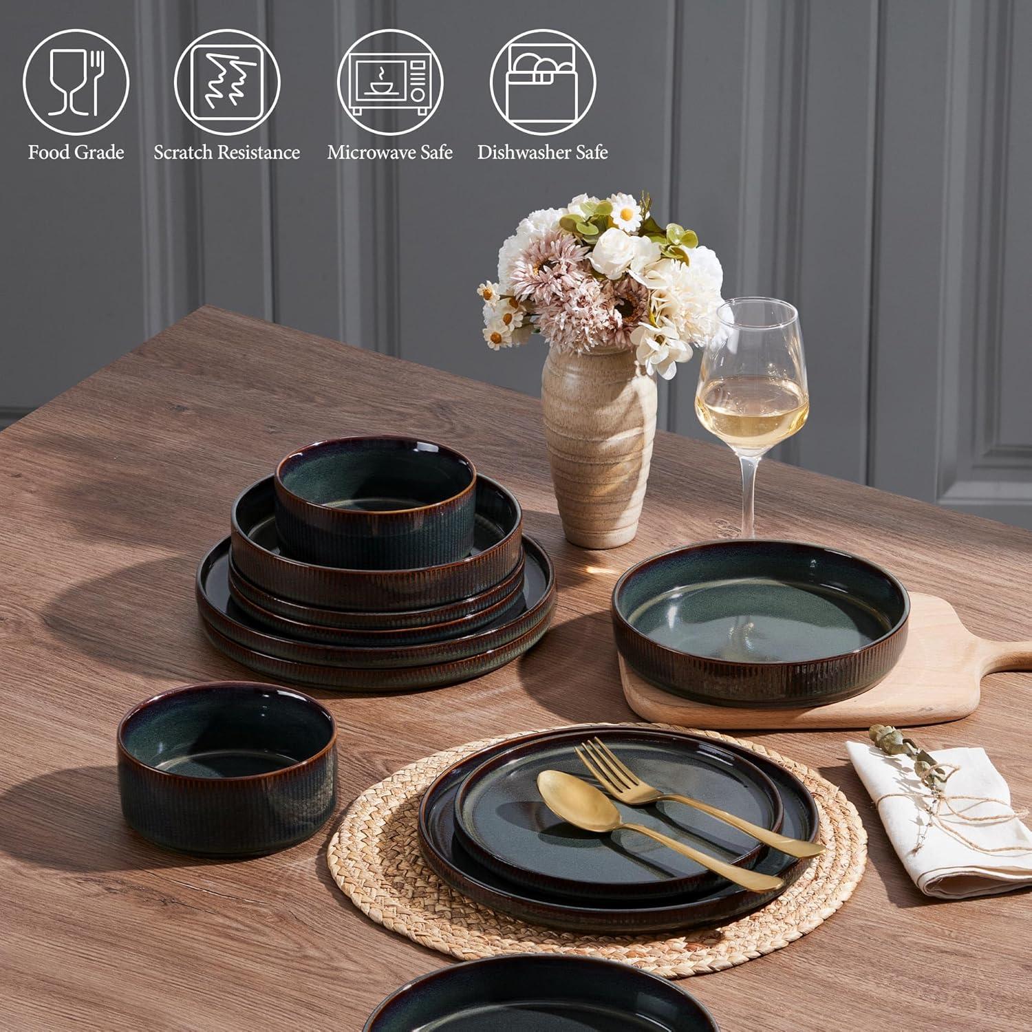 imageEfar 16 Piece Dinnerware Sets Plates and Bowls with Pasta Bowls Service for 4 Modern Stoneware Ribbed Dishes for Kitchen Dining Microwave amp Dishwasher Safe Speckled WhiteBlackish Green