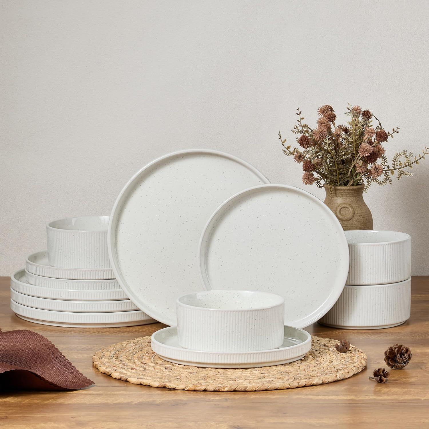 imageEfar 16 Piece Dinnerware Sets Plates and Bowls with Pasta Bowls Service for 4 Modern Stoneware Ribbed Dishes for Kitchen Dining Microwave amp Dishwasher Safe Speckled WhiteSpeckled White