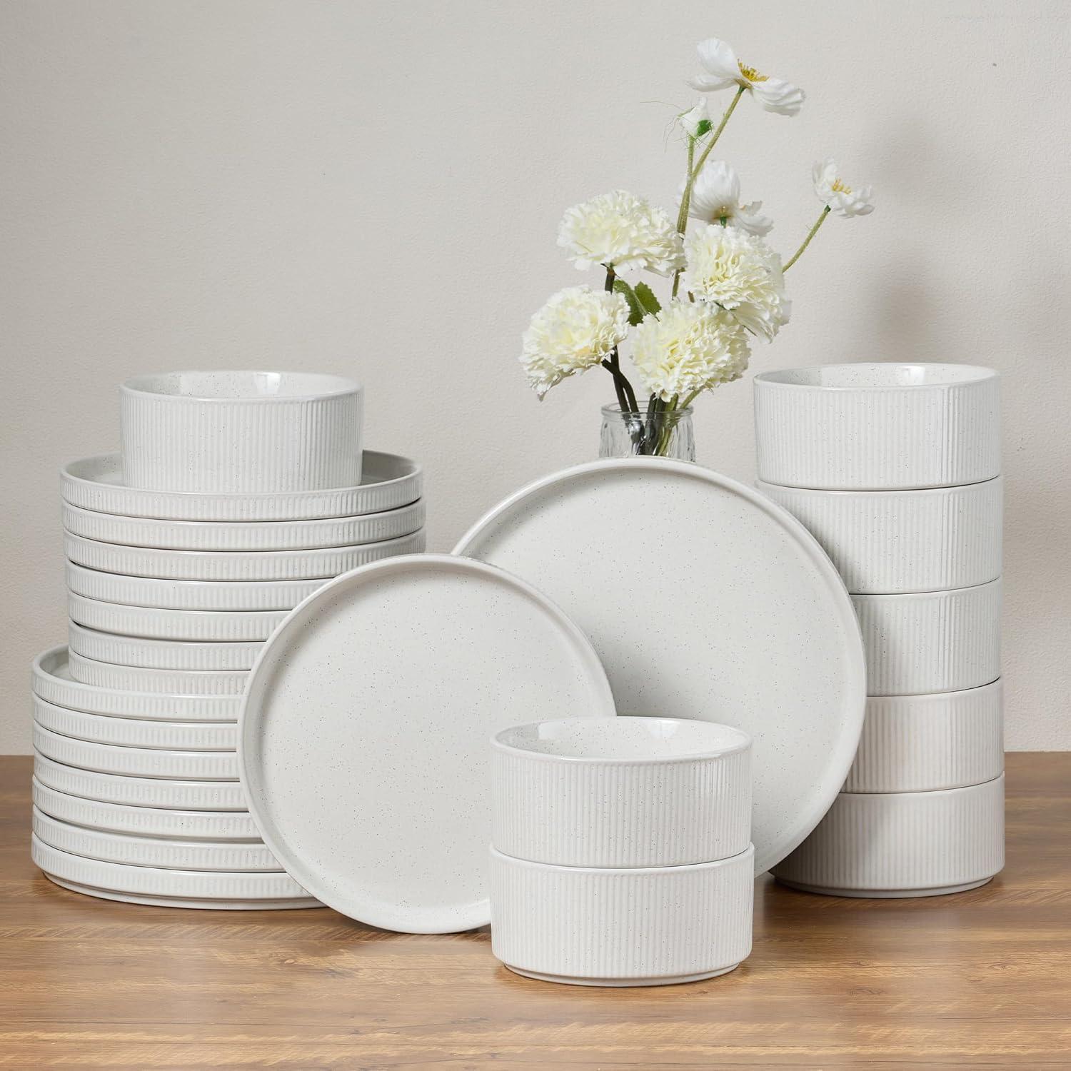 imageEfar 16 Piece Dinnerware Sets Plates and Bowls with Pasta Bowls Service for 4 Modern Stoneware Ribbed Dishes for Kitchen Dining Microwave amp Dishwasher Safe Speckled WhiteSpeckled White