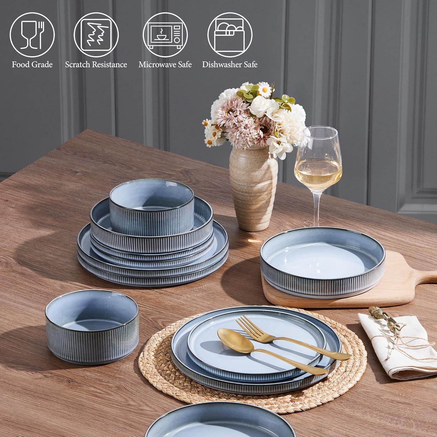 imageEfar 16 Piece Dinnerware Sets Plates and Bowls with Pasta Bowls Service for 4 Modern Stoneware Ribbed Dishes for Kitchen Dining Microwave amp Dishwasher Safe Speckled WhiteDusty Blue