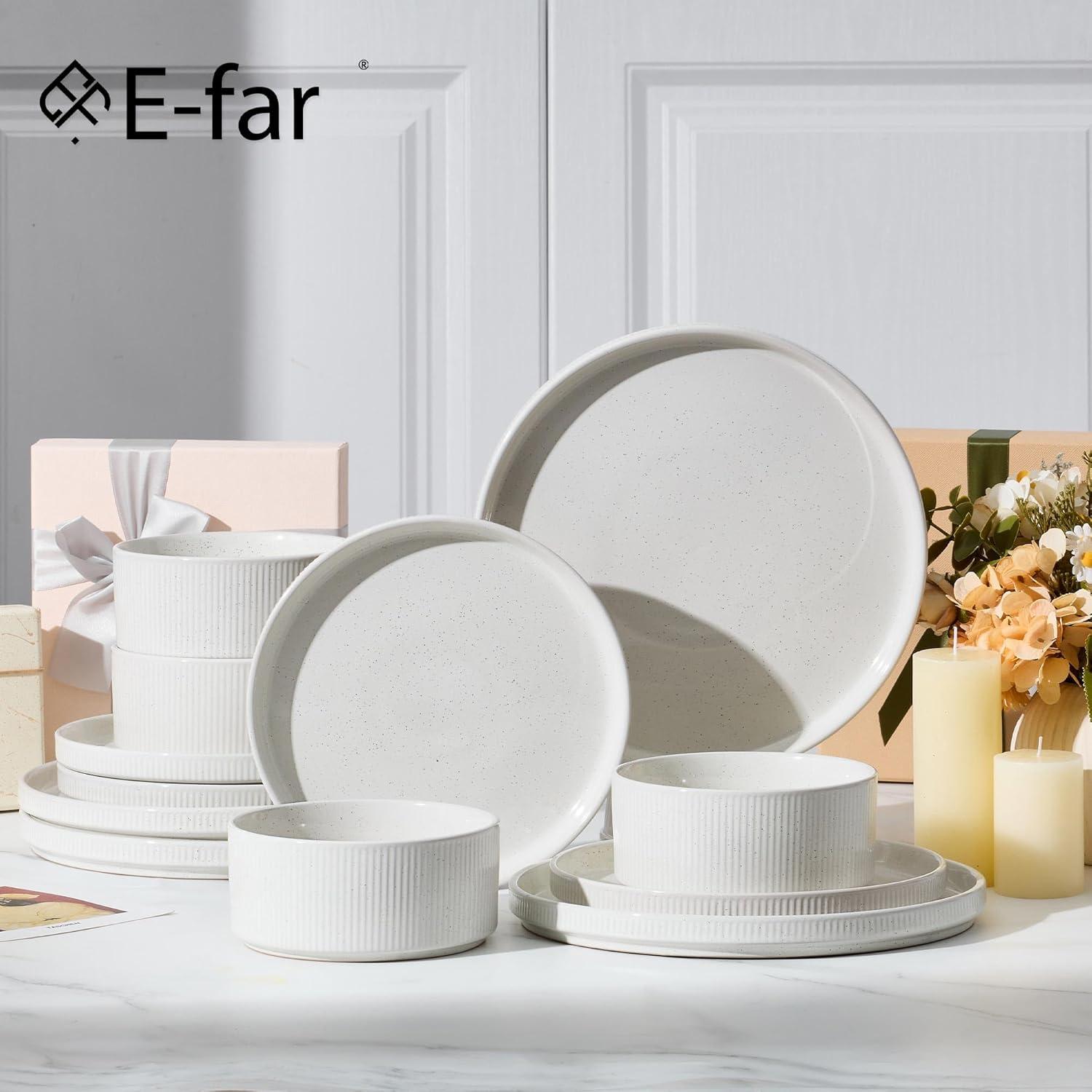 imageEfar 16 Piece Dinnerware Sets Plates and Bowls with Pasta Bowls Service for 4 Modern Stoneware Ribbed Dishes for Kitchen Dining Microwave amp Dishwasher Safe Speckled WhiteSpeckled White