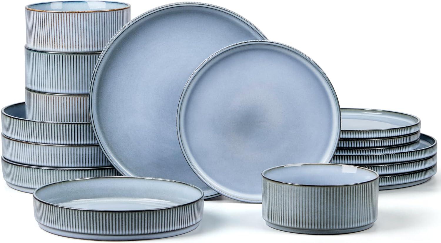 imageEfar 16 Piece Dinnerware Sets Plates and Bowls with Pasta Bowls Service for 4 Modern Stoneware Ribbed Dishes for Kitchen Dining Microwave amp Dishwasher Safe Speckled WhiteDusty Blue