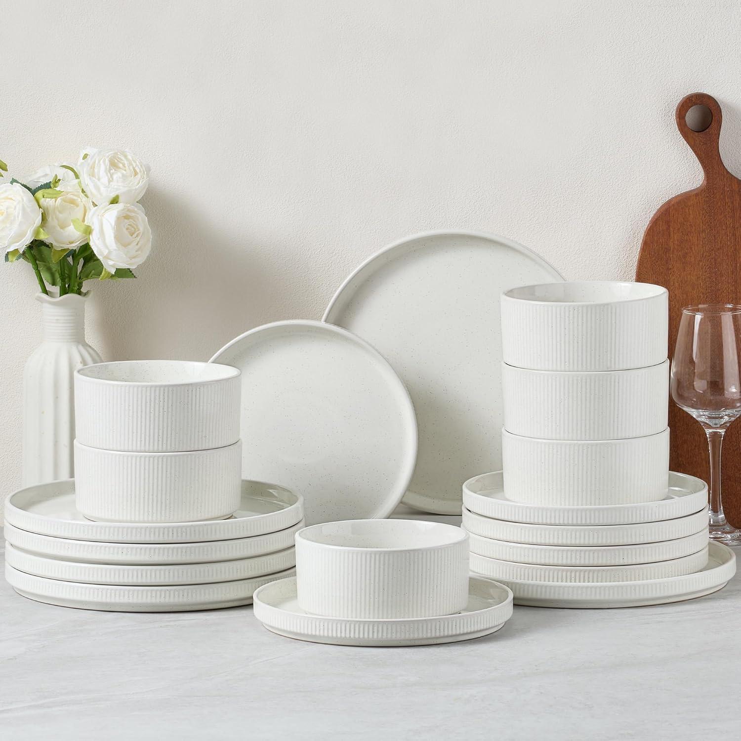 imageEfar 16 Piece Dinnerware Sets Plates and Bowls with Pasta Bowls Service for 4 Modern Stoneware Ribbed Dishes for Kitchen Dining Microwave amp Dishwasher Safe Speckled WhiteSpeckled White