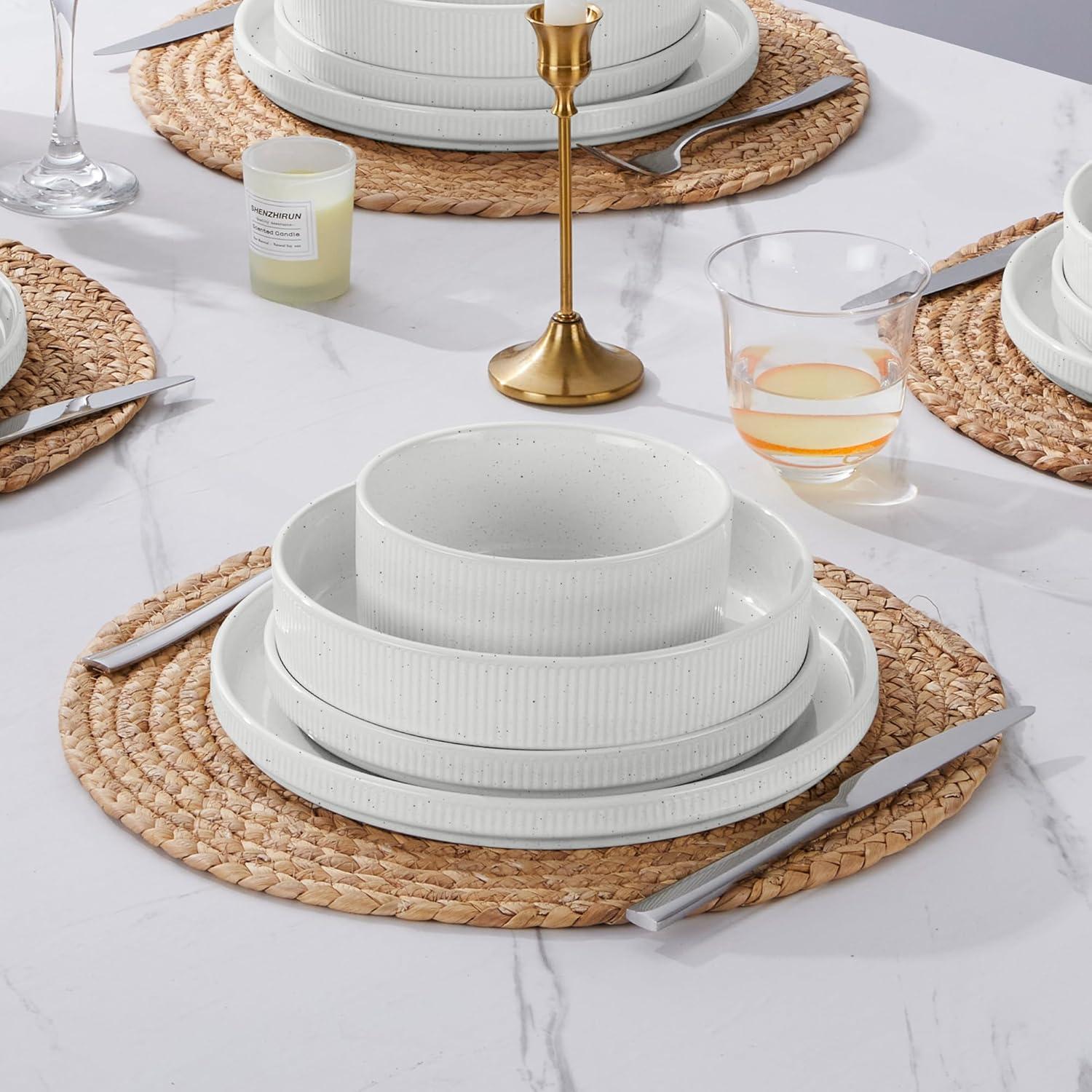 imageEfar 16 Piece Dinnerware Sets Plates and Bowls with Pasta Bowls Service for 4 Modern Stoneware Ribbed Dishes for Kitchen Dining Microwave amp Dishwasher Safe Speckled WhiteSpeckled White