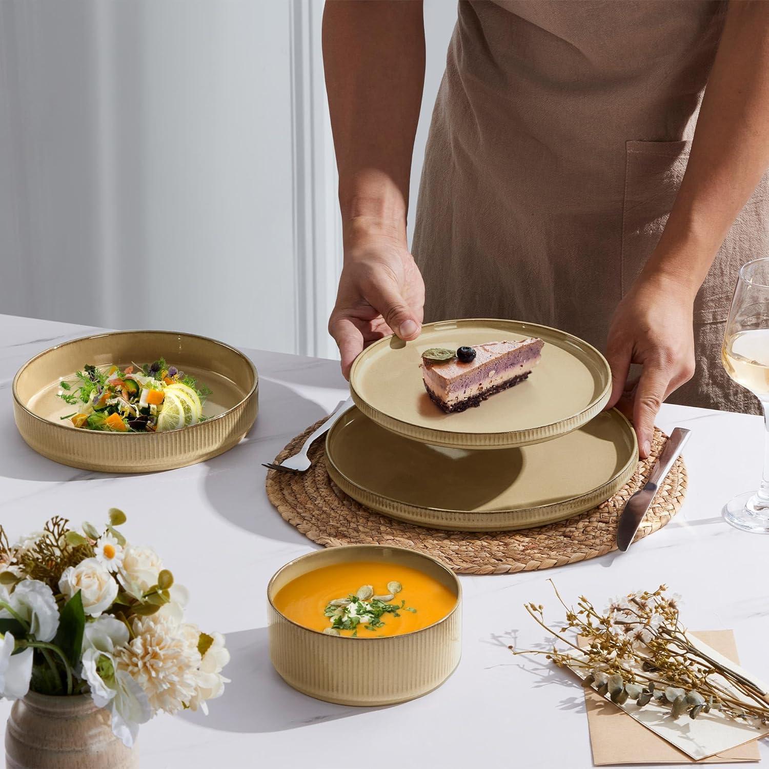 imageEfar 16 Piece Dinnerware Sets Plates and Bowls with Pasta Bowls Service for 4 Modern Stoneware Ribbed Dishes for Kitchen Dining Microwave amp Dishwasher Safe Speckled WhiteCaramel Khaki