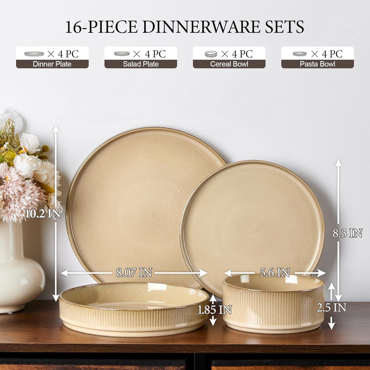 imageEfar 16 Piece Dinnerware Sets Plates and Bowls with Pasta Bowls Service for 4 Modern Stoneware Ribbed Dishes for Kitchen Dining Microwave amp Dishwasher Safe Speckled WhiteCaramel Khaki
