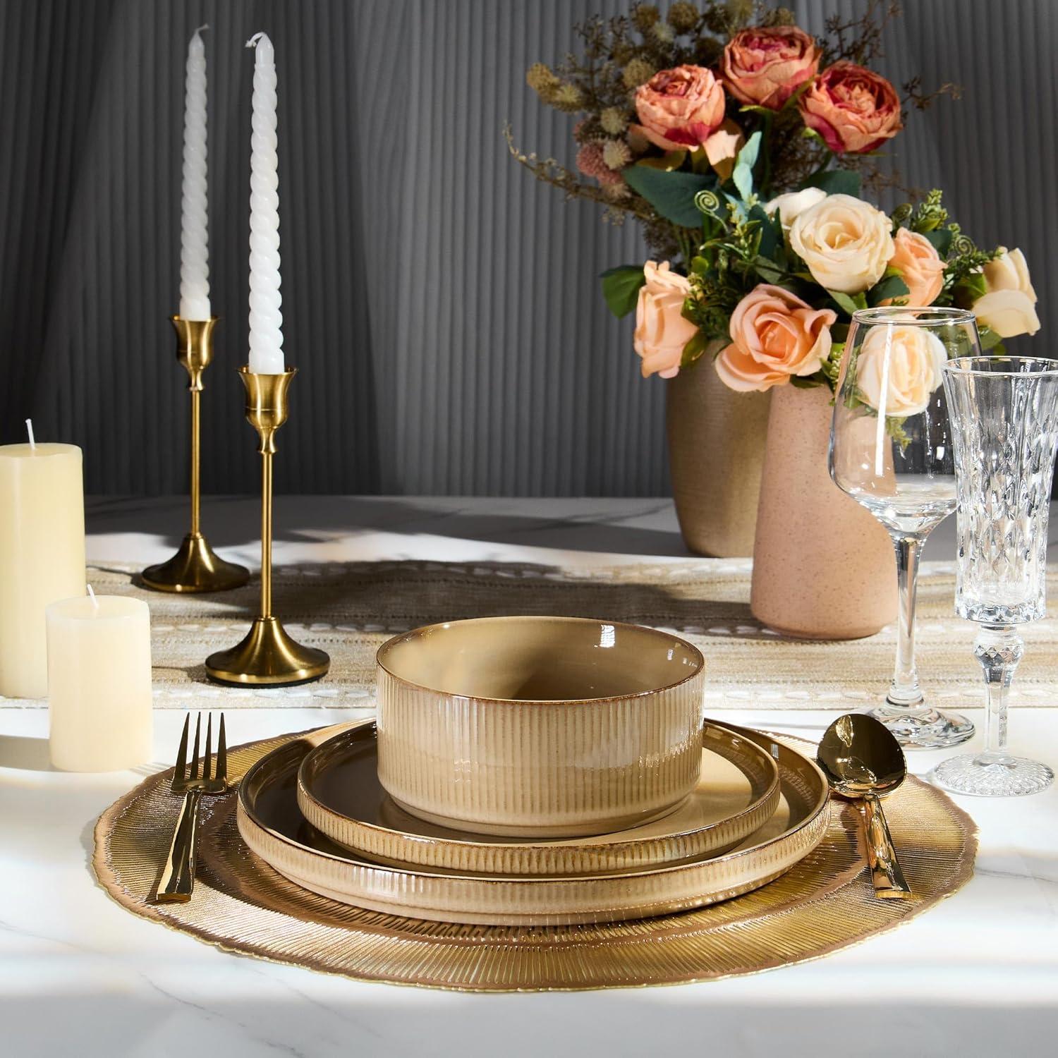 imageEfar 16 Piece Dinnerware Sets Plates and Bowls with Pasta Bowls Service for 4 Modern Stoneware Ribbed Dishes for Kitchen Dining Microwave amp Dishwasher Safe Speckled WhiteCaramel Khaki