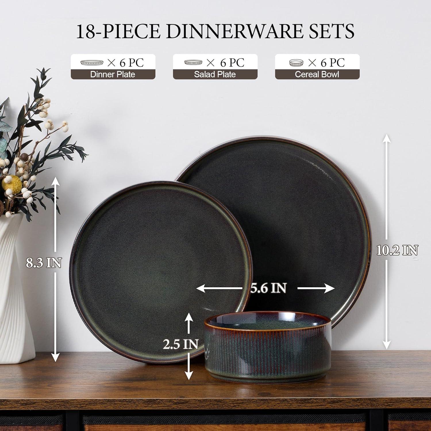 imageEfar 16 Piece Dinnerware Sets Plates and Bowls with Pasta Bowls Service for 4 Modern Stoneware Ribbed Dishes for Kitchen Dining Microwave amp Dishwasher Safe Speckled WhiteBlackish Green