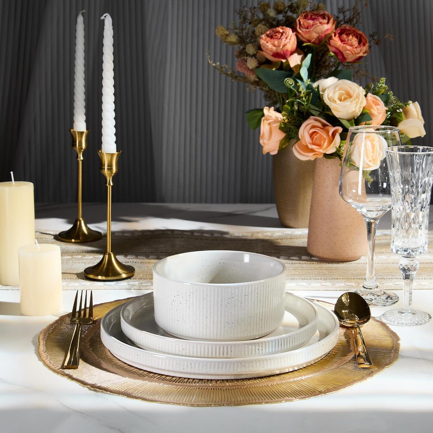 imageEfar 16 Piece Dinnerware Sets Plates and Bowls with Pasta Bowls Service for 4 Modern Stoneware Ribbed Dishes for Kitchen Dining Microwave amp Dishwasher Safe Speckled WhiteSpeckled White