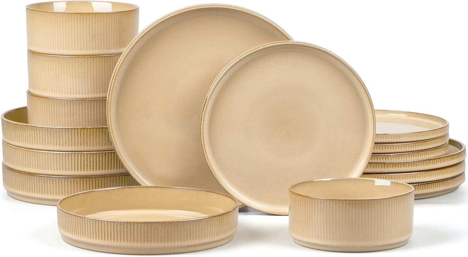imageEfar 16 Piece Dinnerware Sets Plates and Bowls with Pasta Bowls Service for 4 Modern Stoneware Ribbed Dishes for Kitchen Dining Microwave amp Dishwasher Safe Speckled WhiteCaramel Khaki