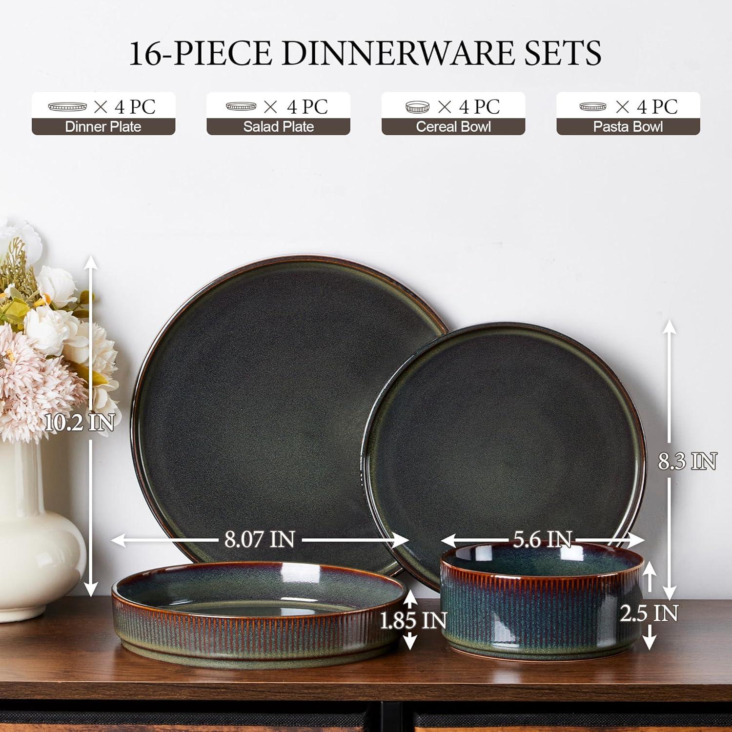 imageEfar 16 Piece Dinnerware Sets Plates and Bowls with Pasta Bowls Service for 4 Modern Stoneware Ribbed Dishes for Kitchen Dining Microwave amp Dishwasher Safe Speckled WhiteBlackish Green