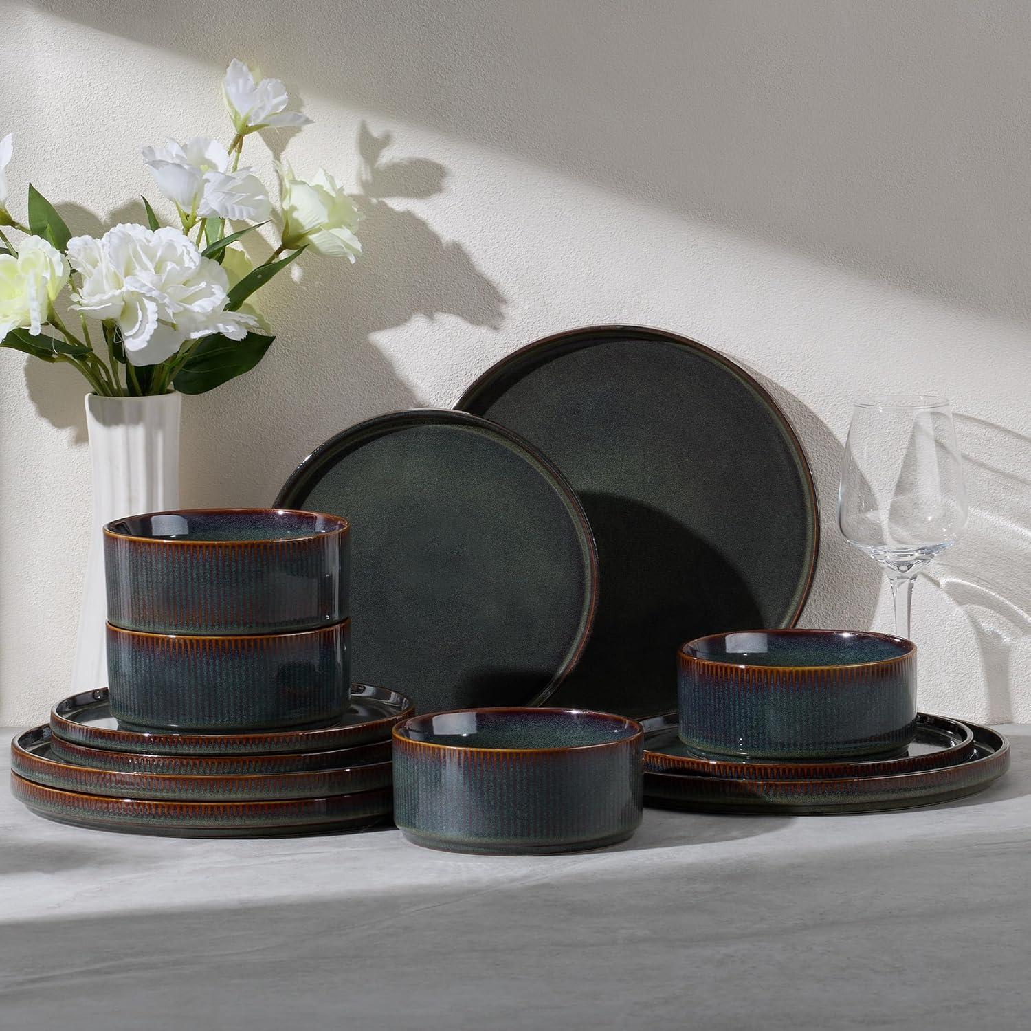 imageEfar 16 Piece Dinnerware Sets Plates and Bowls with Pasta Bowls Service for 4 Modern Stoneware Ribbed Dishes for Kitchen Dining Microwave amp Dishwasher Safe Speckled WhiteBlackish Green