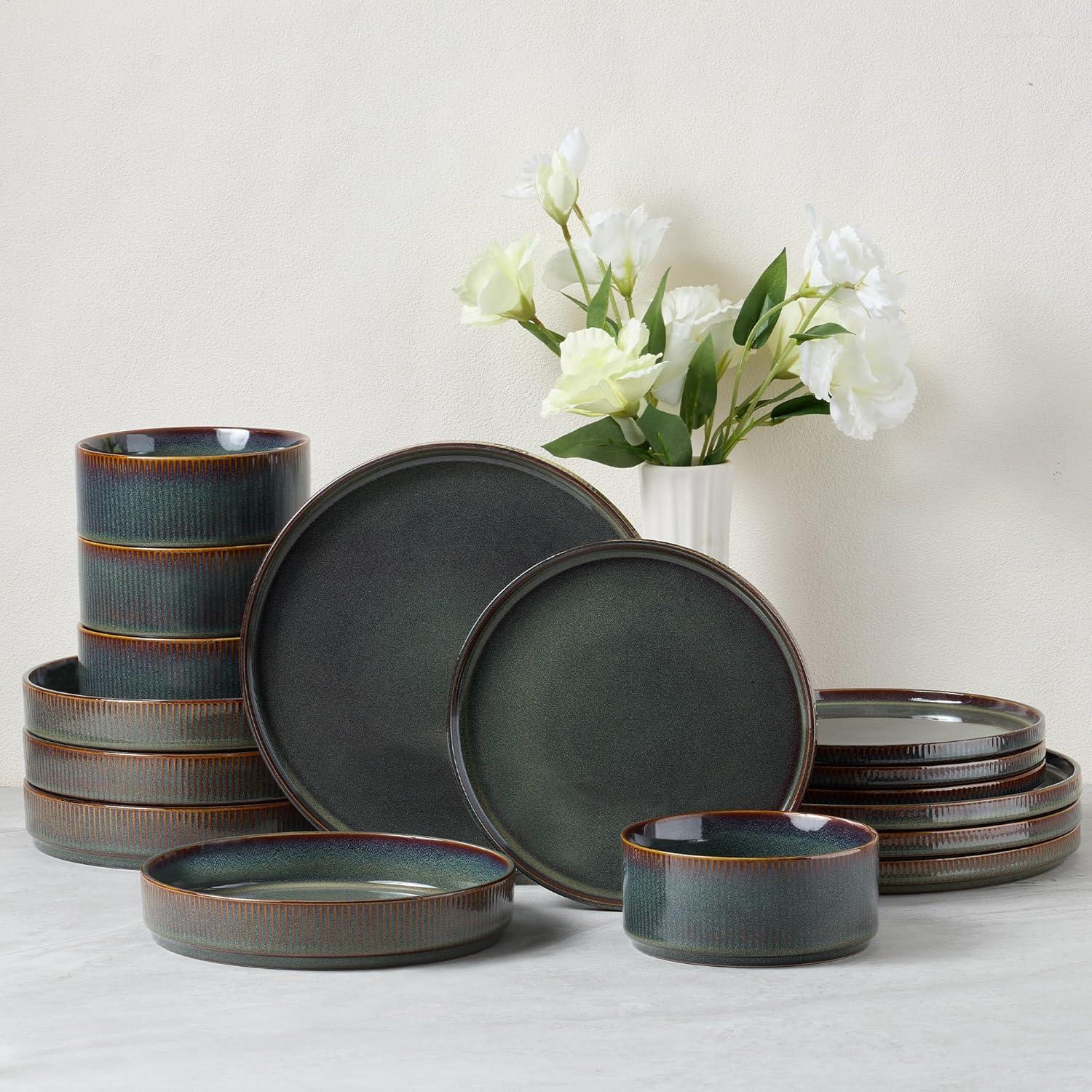 imageEfar 16 Piece Dinnerware Sets Plates and Bowls with Pasta Bowls Service for 4 Modern Stoneware Ribbed Dishes for Kitchen Dining Microwave amp Dishwasher Safe Speckled WhiteBlackish Green