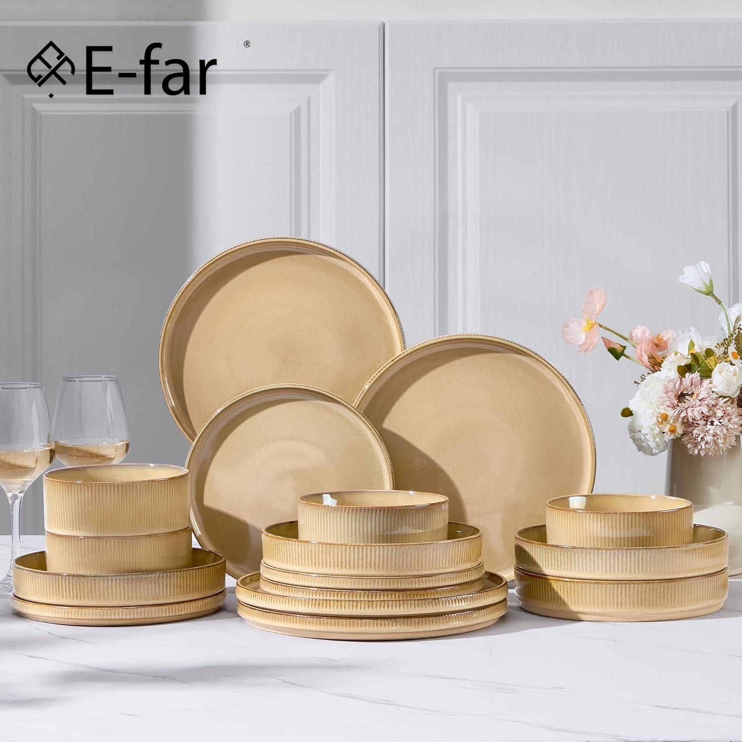 imageEfar 16 Piece Dinnerware Sets Plates and Bowls with Pasta Bowls Service for 4 Modern Stoneware Ribbed Dishes for Kitchen Dining Microwave amp Dishwasher Safe Speckled WhiteCaramel Khaki