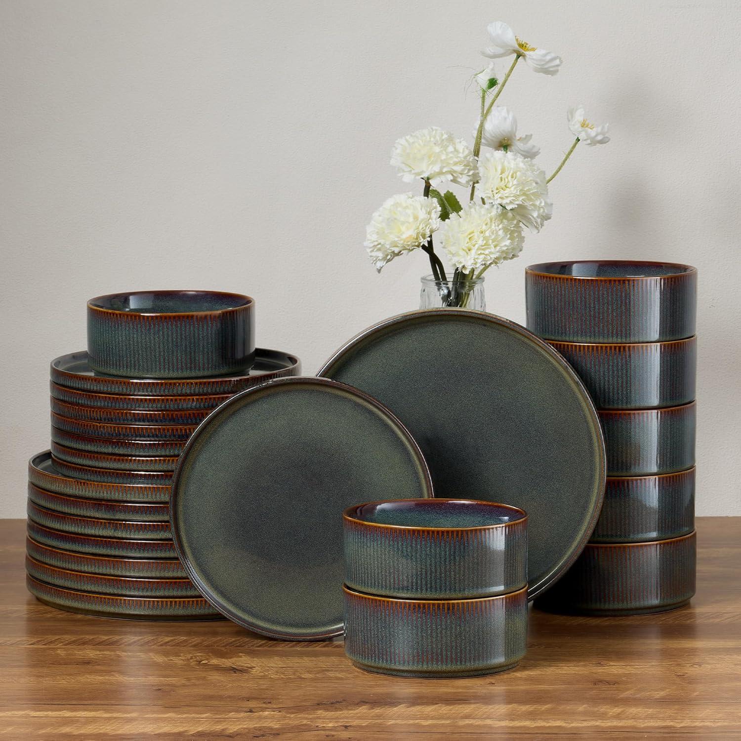 imageEfar 16 Piece Dinnerware Sets Plates and Bowls with Pasta Bowls Service for 4 Modern Stoneware Ribbed Dishes for Kitchen Dining Microwave amp Dishwasher Safe Speckled WhiteBlackish Green