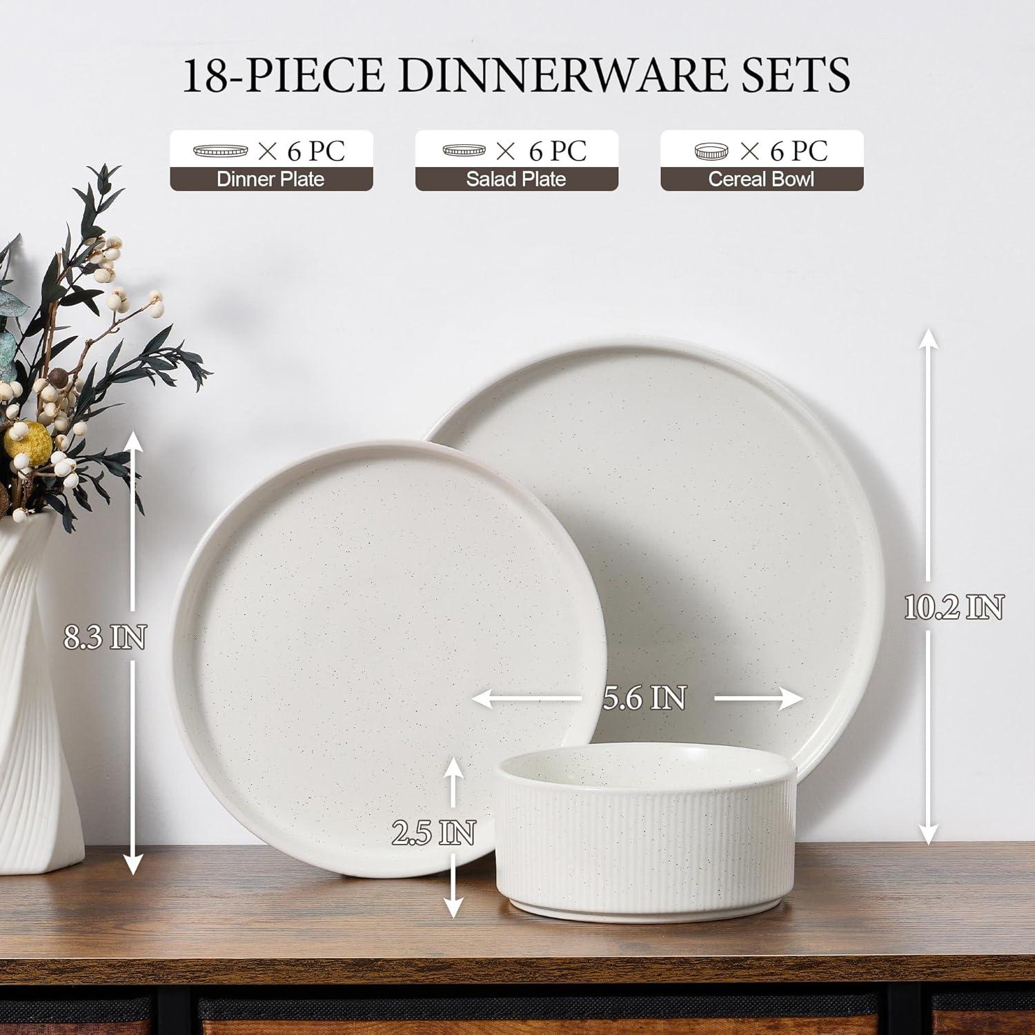 imageEfar 16 Piece Dinnerware Sets Plates and Bowls with Pasta Bowls Service for 4 Modern Stoneware Ribbed Dishes for Kitchen Dining Microwave amp Dishwasher Safe Speckled WhiteSpeckled White