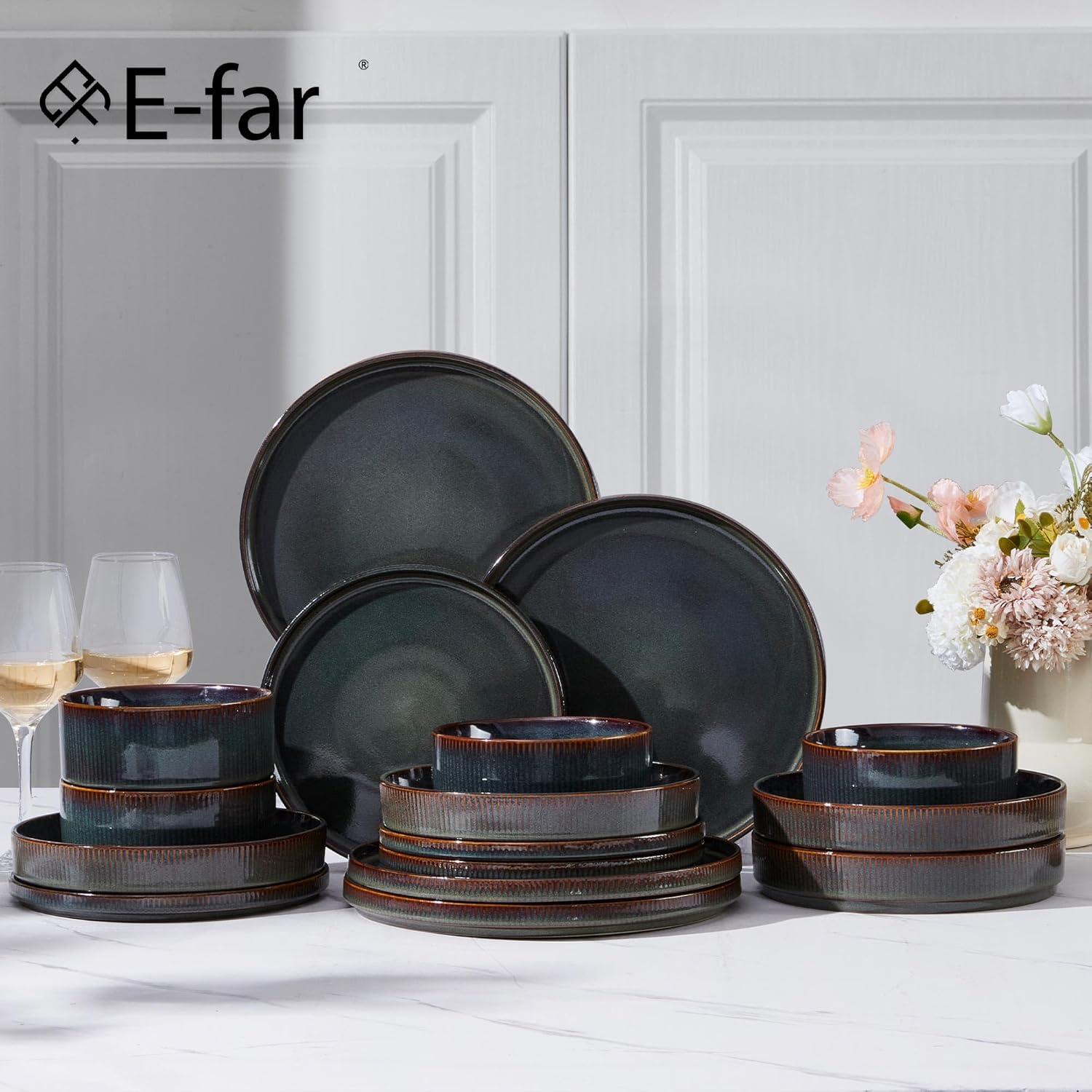 imageEfar 16 Piece Dinnerware Sets Plates and Bowls with Pasta Bowls Service for 4 Modern Stoneware Ribbed Dishes for Kitchen Dining Microwave amp Dishwasher Safe Speckled WhiteBlackish Green