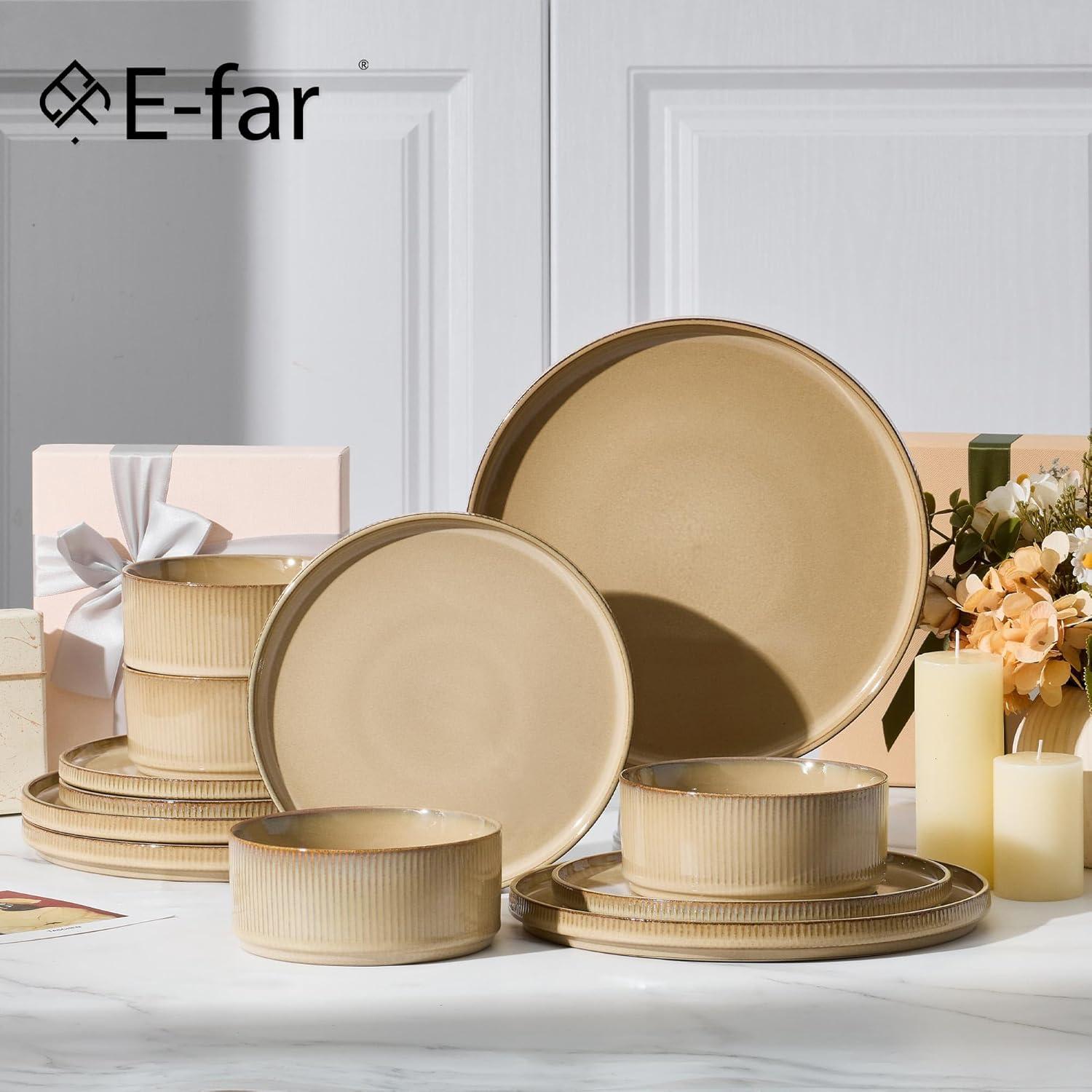 imageEfar 16 Piece Dinnerware Sets Plates and Bowls with Pasta Bowls Service for 4 Modern Stoneware Ribbed Dishes for Kitchen Dining Microwave amp Dishwasher Safe Speckled WhiteCaramel Khaki