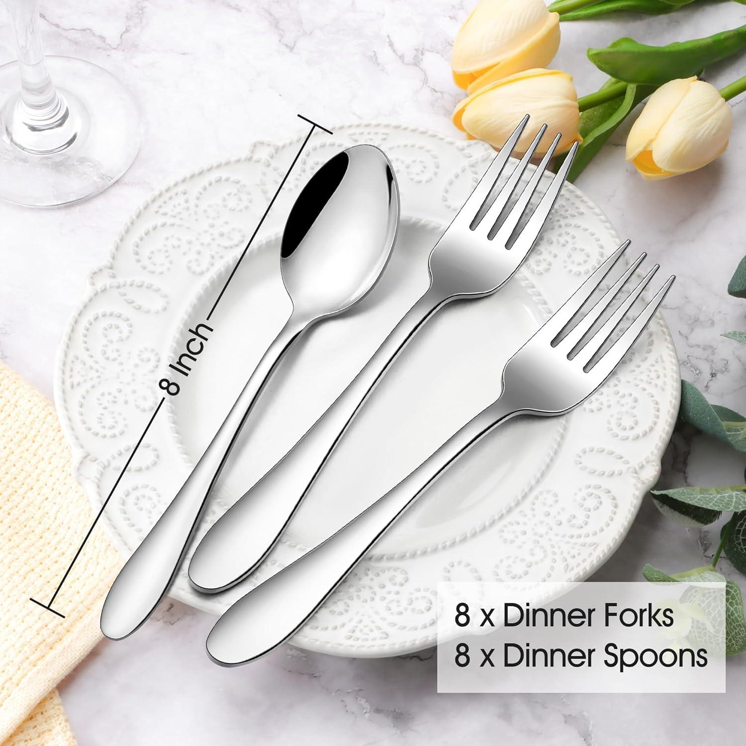 imageEfar 16Piece Dinner Forks and Spoons Stainless Steel Silverware Flatware Eating Utensils Set for Home Kitchen Restaurant Food Grade Metal amp Streamline Design Mirror Finish amp Dishwasher Safe 8 In16
