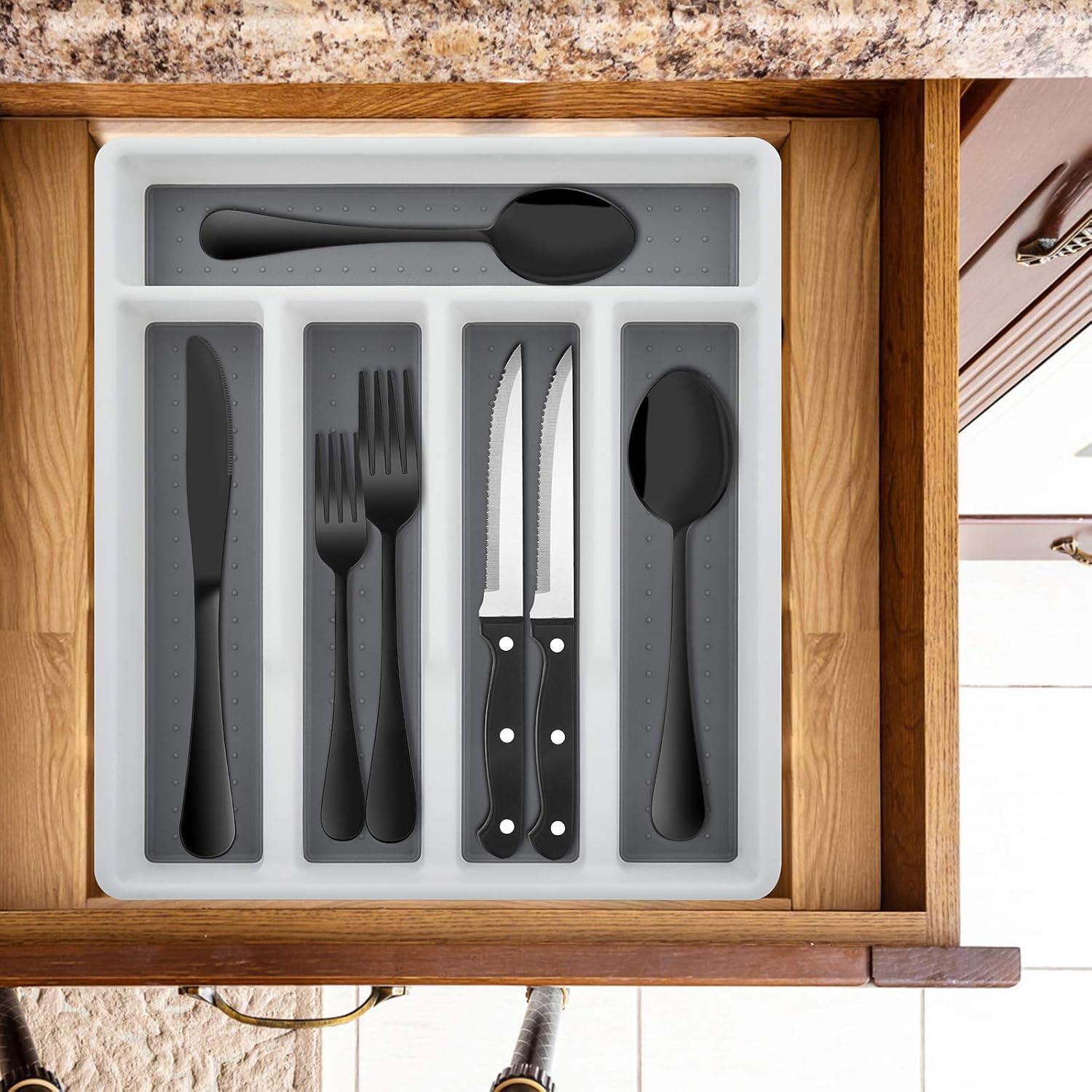 imageEfar 24Piece Black Silverware Set with Steak Knives and Organizer Tray Stainless Steel Flatware Cutlery Service for 4 Tableware Eating Utensils for Home Kitchen Mirror Polished Dishwasher Safe