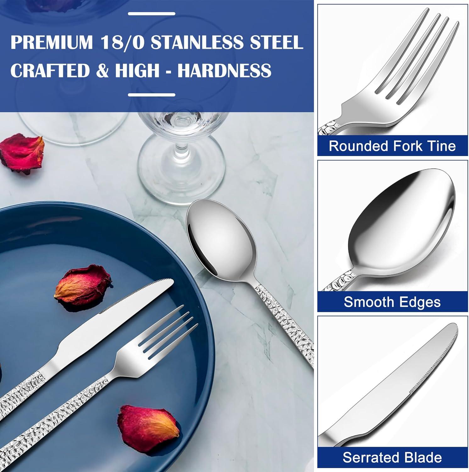 imageEfar 24Piece Hammered Forks Spoons and Knives Set Silverware Set for 8 Stainless Steel Square Flatware Set for Home Kitchen Restaurant Mirror Polished amp Dishwasher Safe24