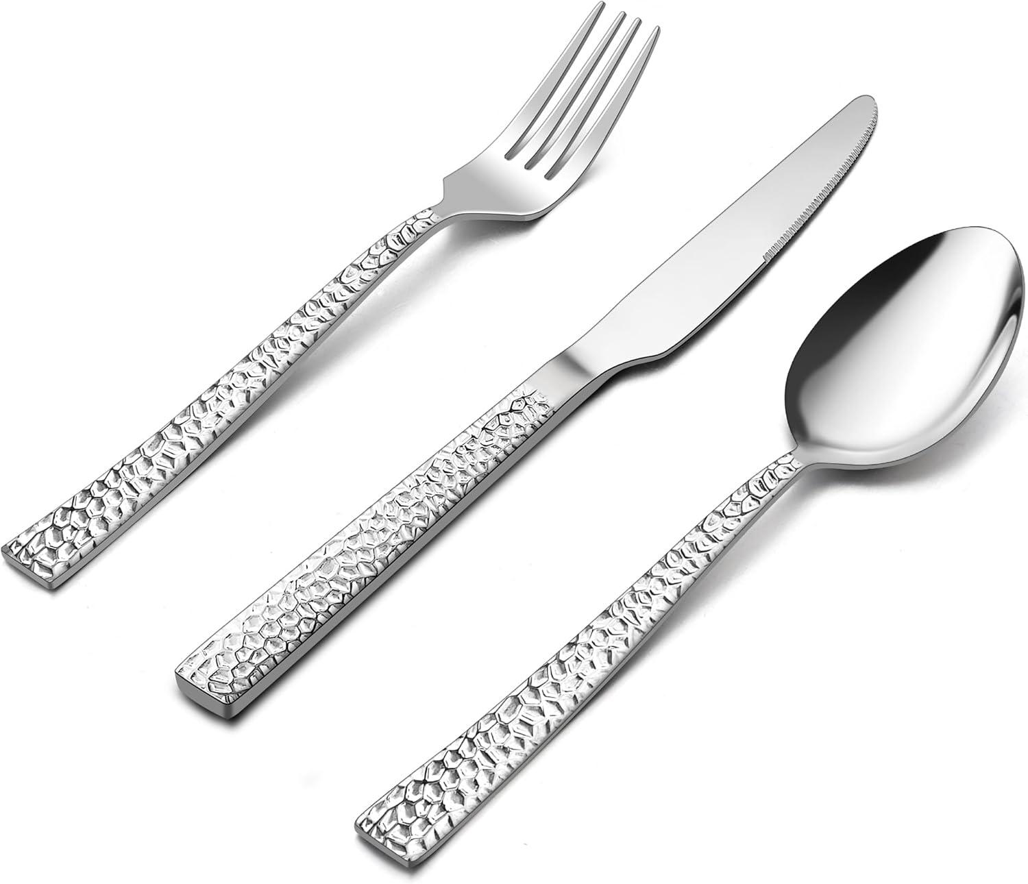 imageEfar 24Piece Hammered Forks Spoons and Knives Set Silverware Set for 8 Stainless Steel Square Flatware Set for Home Kitchen Restaurant Mirror Polished amp Dishwasher Safe24