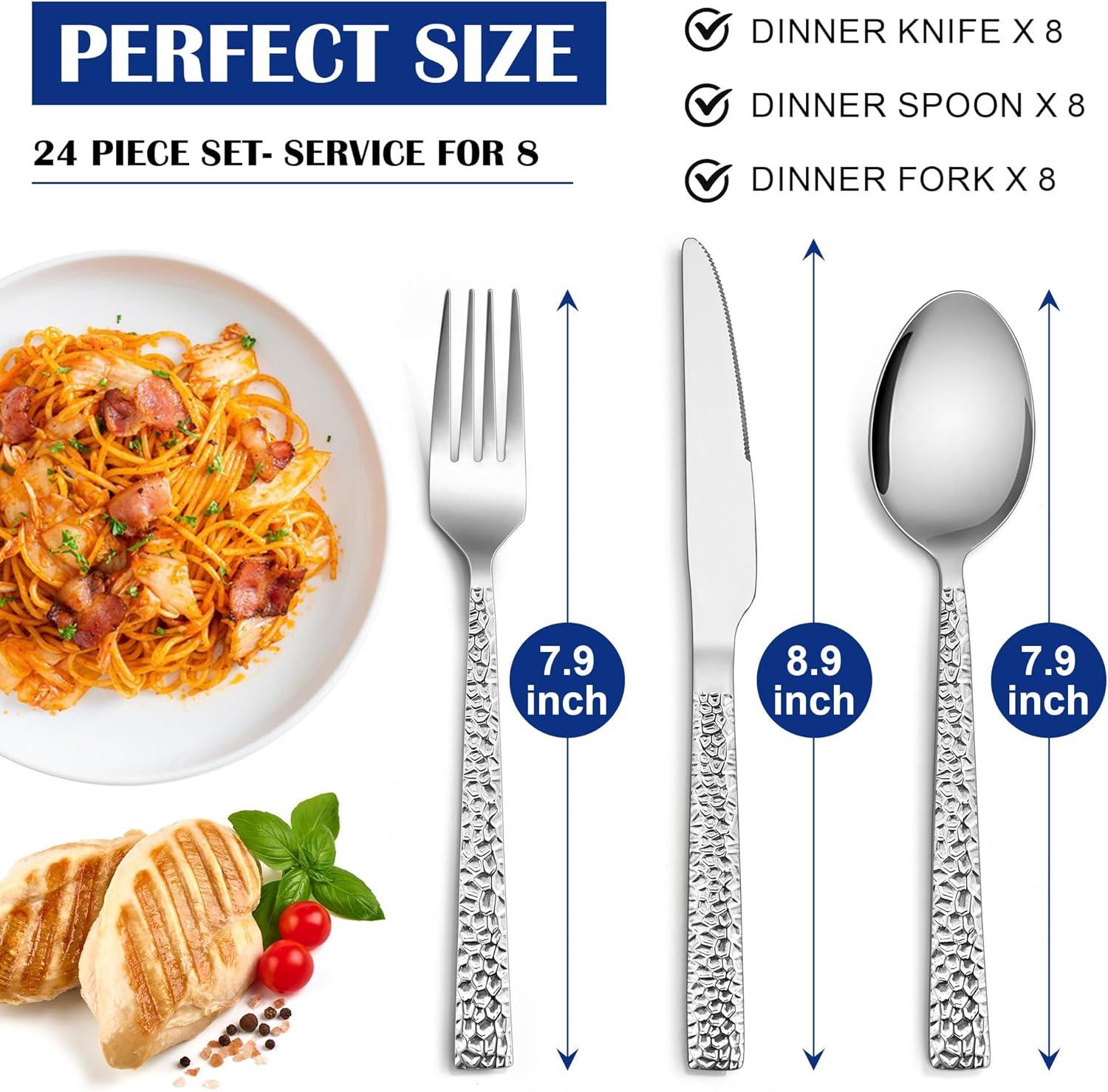imageEfar 24Piece Hammered Forks Spoons and Knives Set Silverware Set for 8 Stainless Steel Square Flatware Set for Home Kitchen Restaurant Mirror Polished amp Dishwasher Safe24