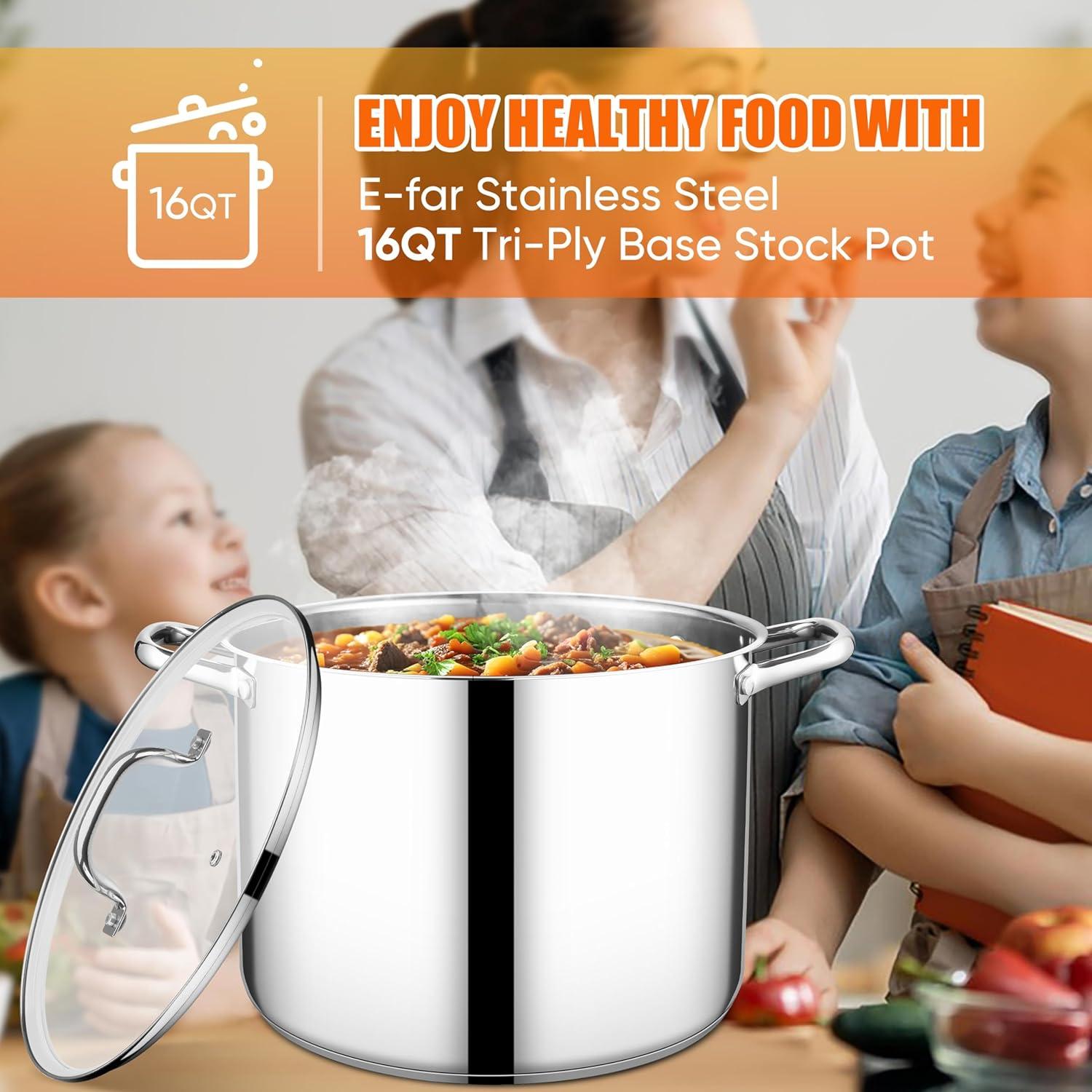 imageEfar 24Quart Large Stock Pot Stainless Steel Stockpot with Lid for Boiling Cooking Soup Stew Canning Heavy Duty TriPly Bottom Works wInduction Commercial Grade amp Dishwasher Safe16 Quarts