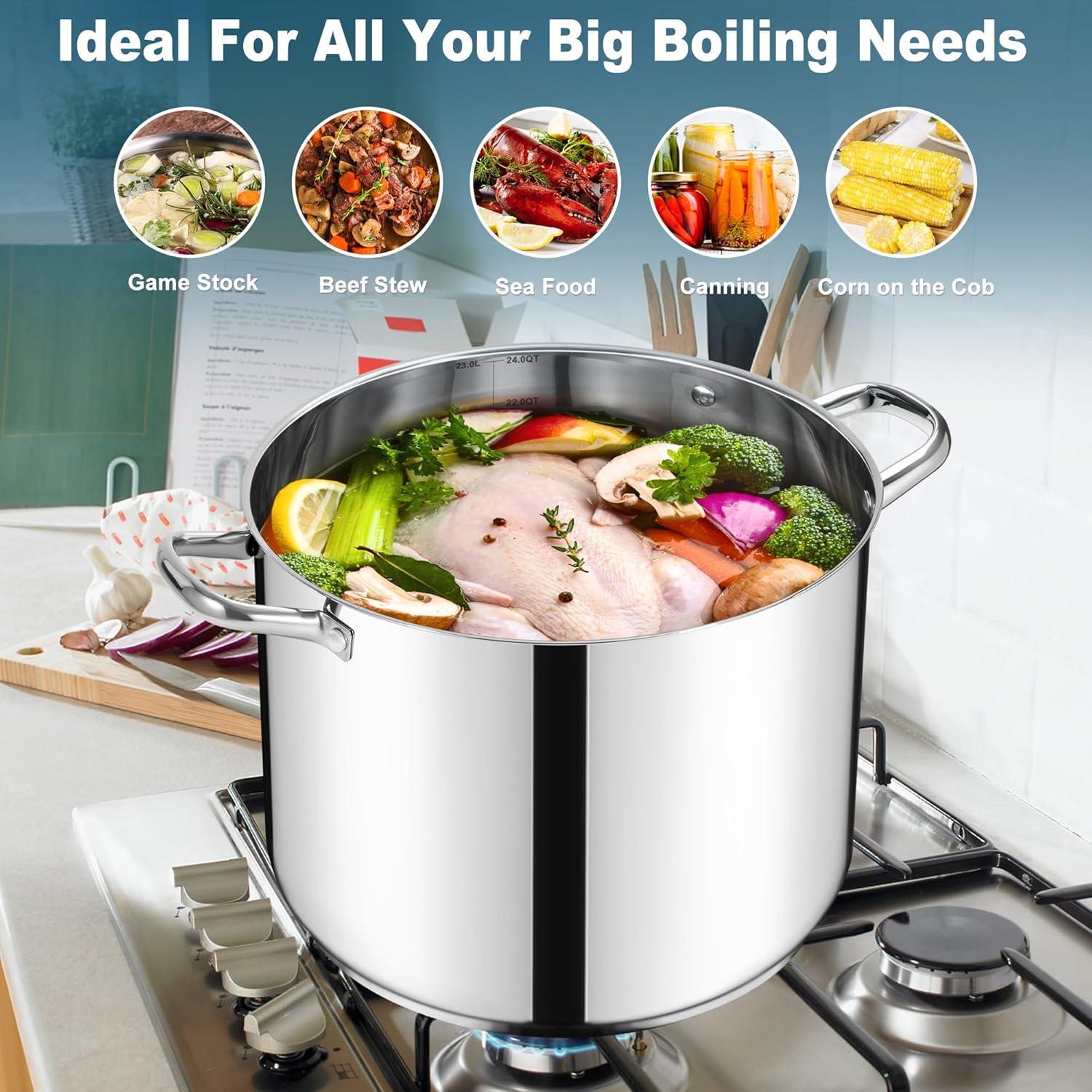 imageEfar 24Quart Large Stock Pot Stainless Steel Stockpot with Lid for Boiling Cooking Soup Stew Canning Heavy Duty TriPly Bottom Works wInduction Commercial Grade amp Dishwasher Safe24 Quarts