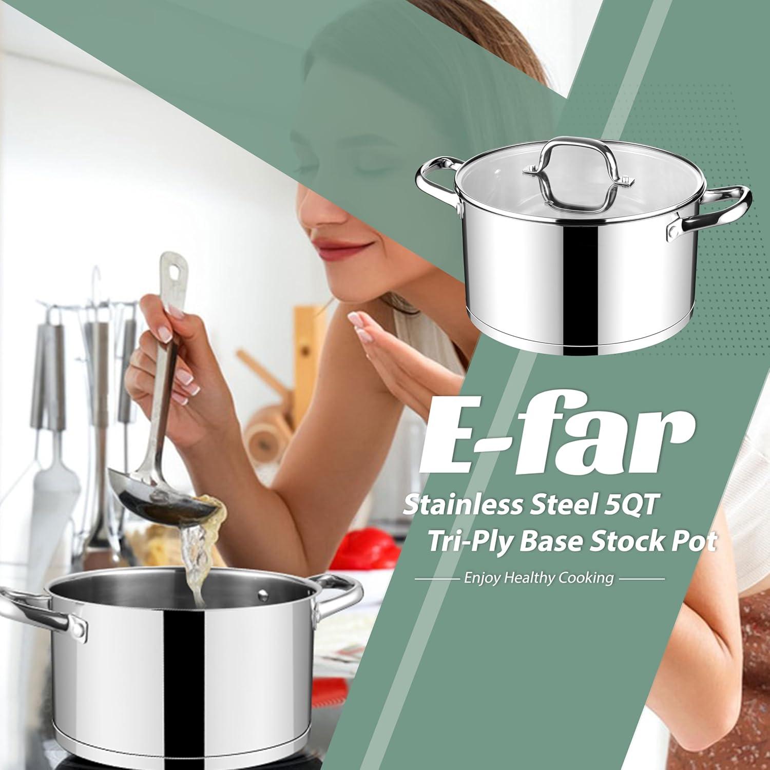 imageEfar 24Quart Large Stock Pot Stainless Steel Stockpot with Lid for Boiling Cooking Soup Stew Canning Heavy Duty TriPly Bottom Works wInduction Commercial Grade amp Dishwasher Safe5 Quarts