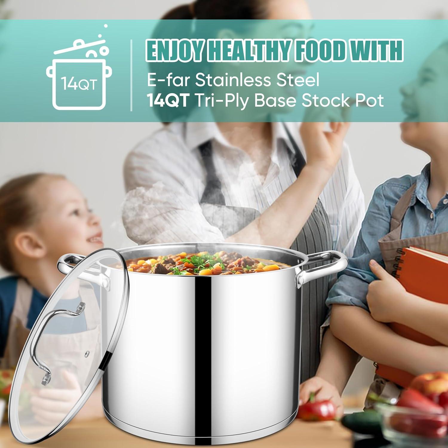 imageEfar 24Quart Large Stock Pot Stainless Steel Stockpot with Lid for Boiling Cooking Soup Stew Canning Heavy Duty TriPly Bottom Works wInduction Commercial Grade amp Dishwasher Safe14 Quarts