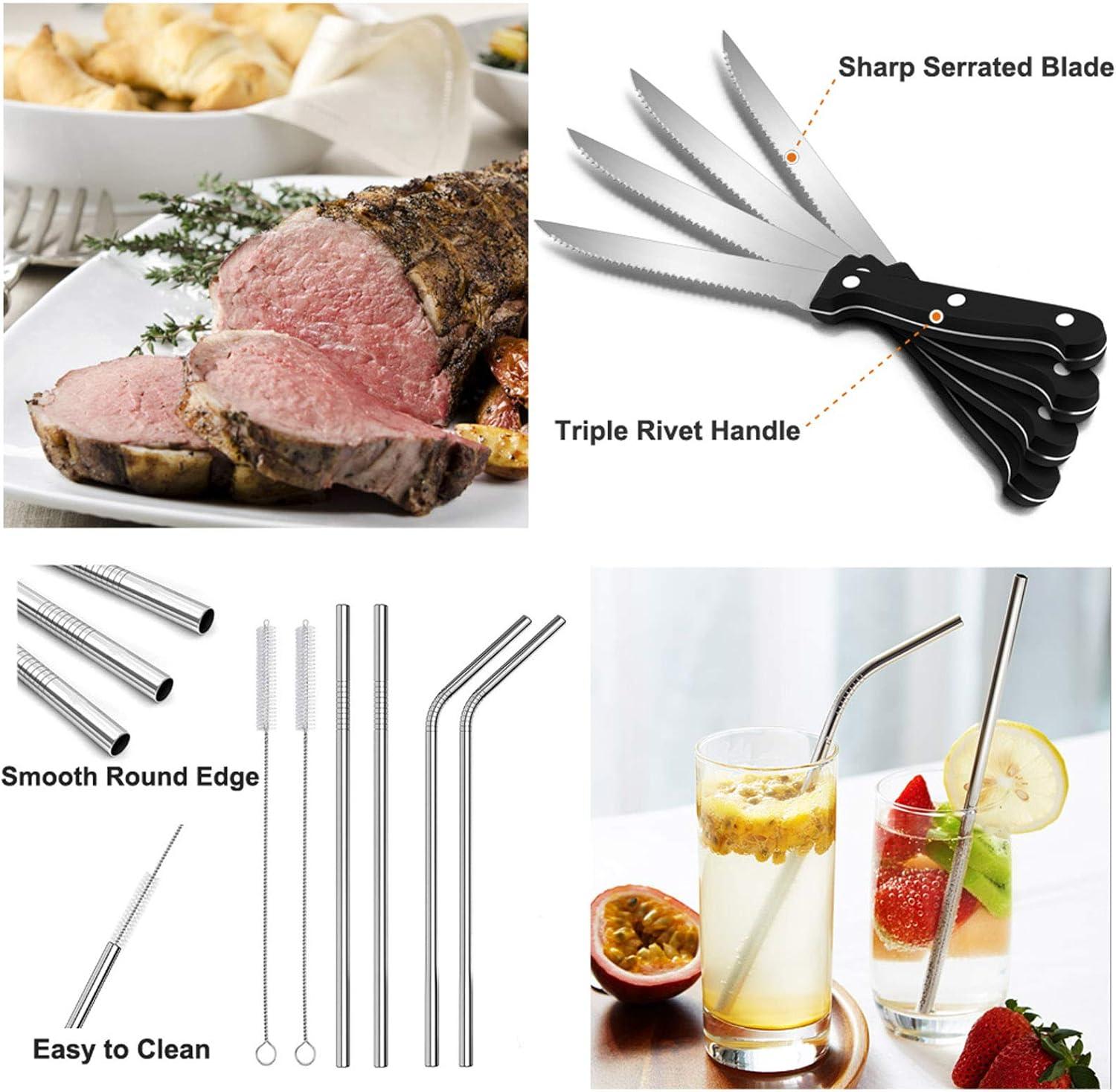 imageEfar 31Piece Silverware Set Stainless Steel Flatware Cutlery Set Service for 4 with Mesh Utensil Drawer Organizer Include ForksSpoonsKnivesSteak KnivesStraws Mirror Polish amp Dishwasher SafeSilver