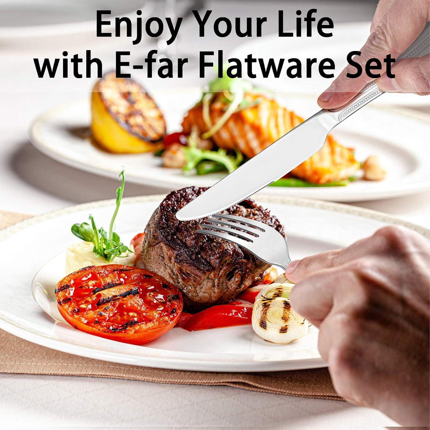 imageEfar 48Piece Silverware Set with Steak Knives Stainless Steel Flatware Cutlery Service for 8 Pearled Edge Tableware Eating Utensils for HomeRestaurantKitchen Mirror Polished Dishwasher Safe
