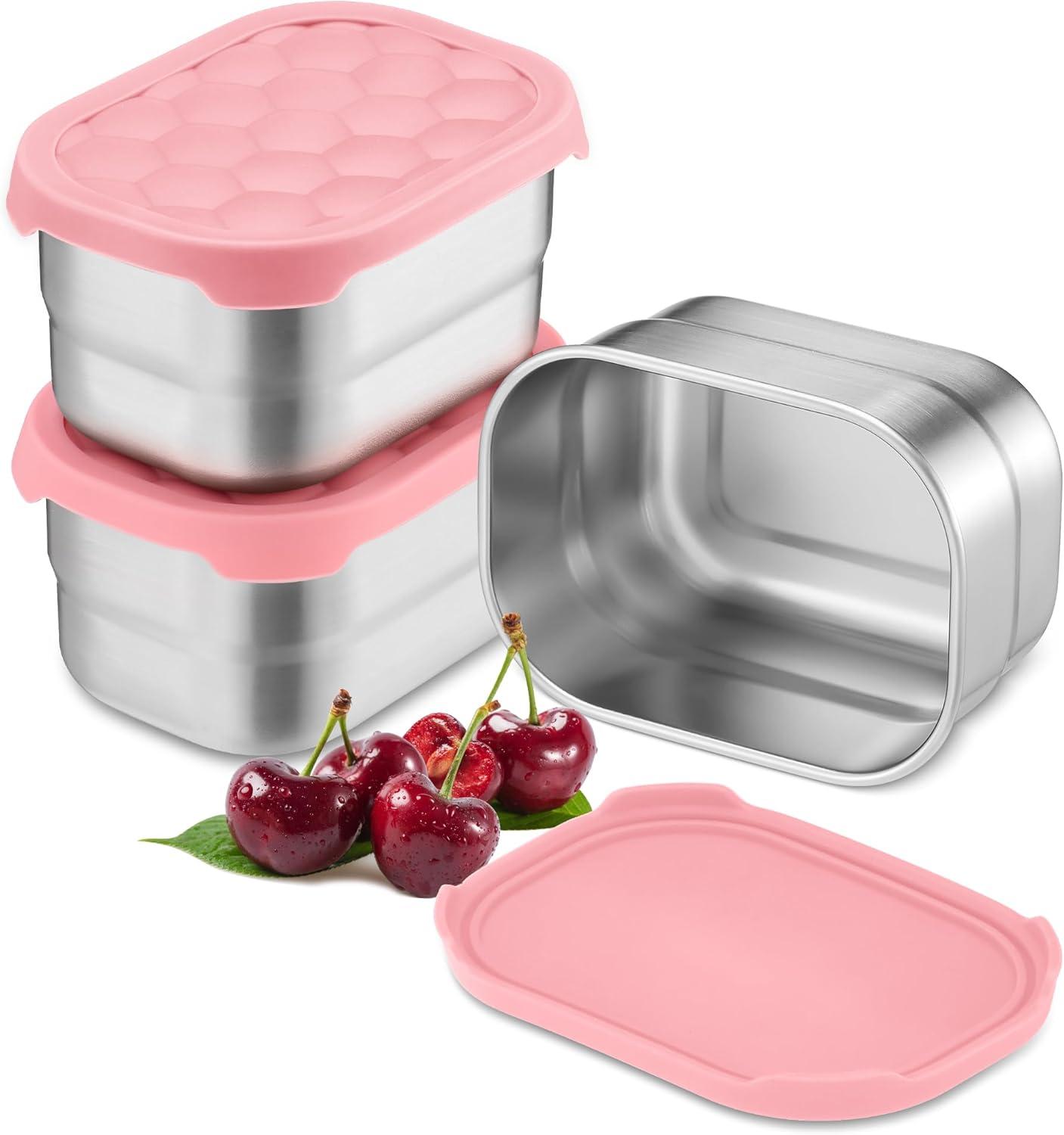 imageEfar 4Pack Stainless Steel Snack Containers for Kids 8oz Reusable Toddler Lunch Box Containers with LeakProof Lids for SchoolDaycareTravel Stackable Design amp Easy Open Oven amp Dishwasher SafePink