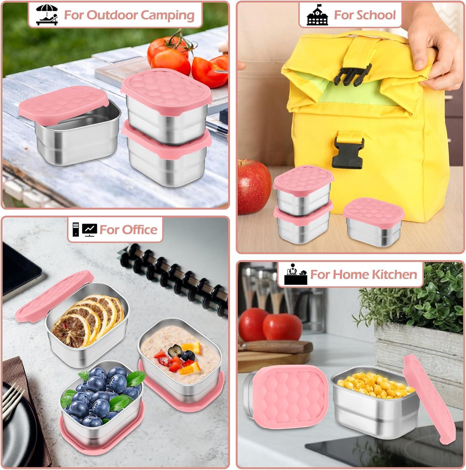imageEfar 4Pack Stainless Steel Snack Containers for Kids 8oz Reusable Toddler Lunch Box Containers with LeakProof Lids for SchoolDaycareTravel Stackable Design amp Easy Open Oven amp Dishwasher SafePink