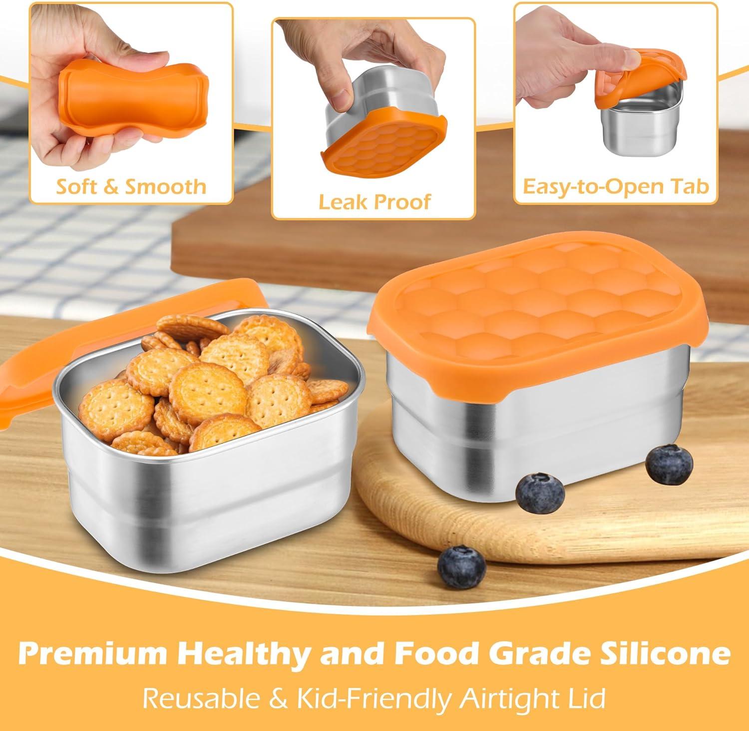 imageEfar 4Pack Stainless Steel Snack Containers for Kids 8oz Reusable Toddler Lunch Box Containers with LeakProof Lids for SchoolDaycareTravel Stackable Design amp Easy Open Oven amp Dishwasher SafeOrange