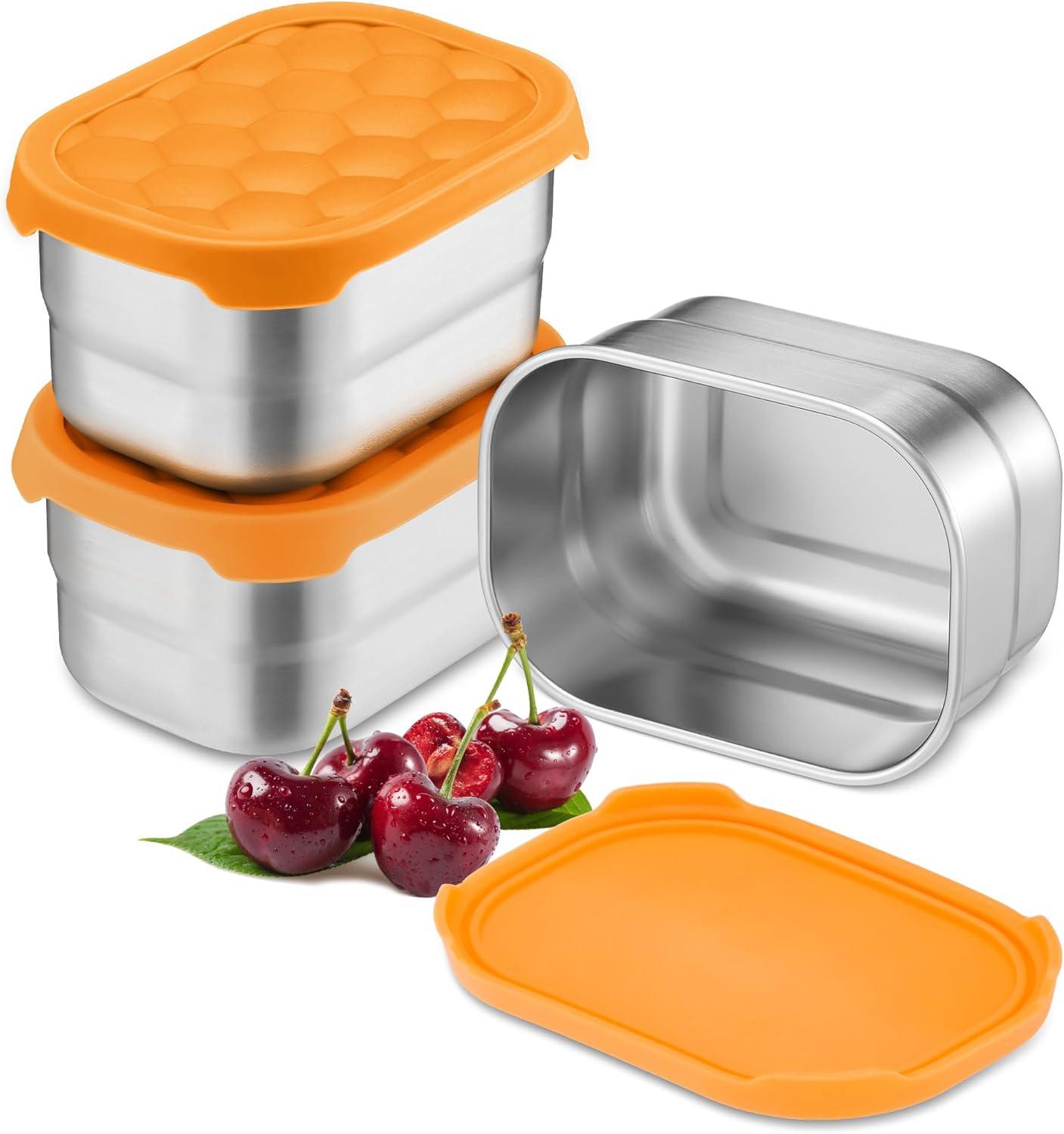 imageEfar 4Pack Stainless Steel Snack Containers for Kids 8oz Reusable Toddler Lunch Box Containers with LeakProof Lids for SchoolDaycareTravel Stackable Design amp Easy Open Oven amp Dishwasher SafeOrange