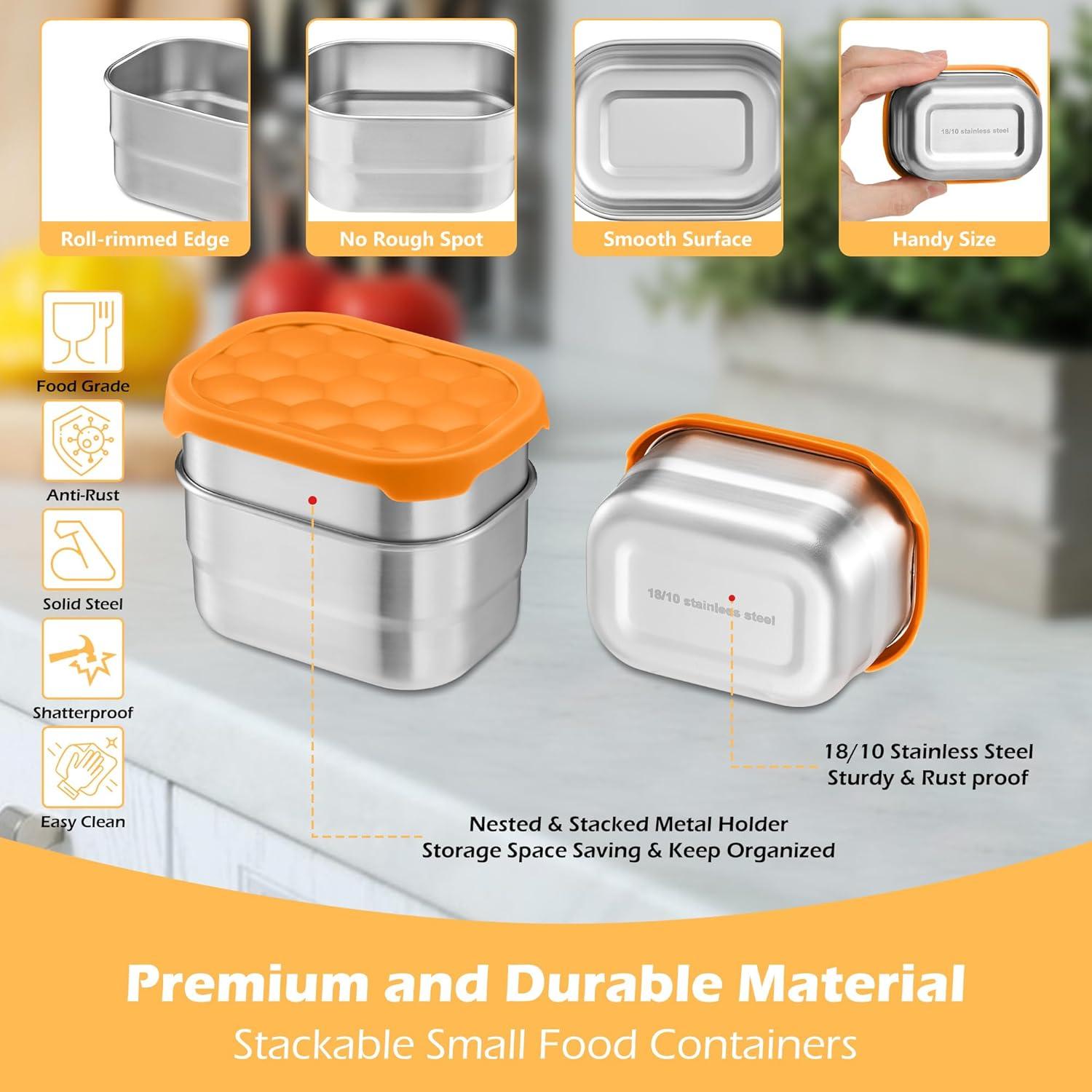imageEfar 4Pack Stainless Steel Snack Containers for Kids 8oz Reusable Toddler Lunch Box Containers with LeakProof Lids for SchoolDaycareTravel Stackable Design amp Easy Open Oven amp Dishwasher SafeOrange